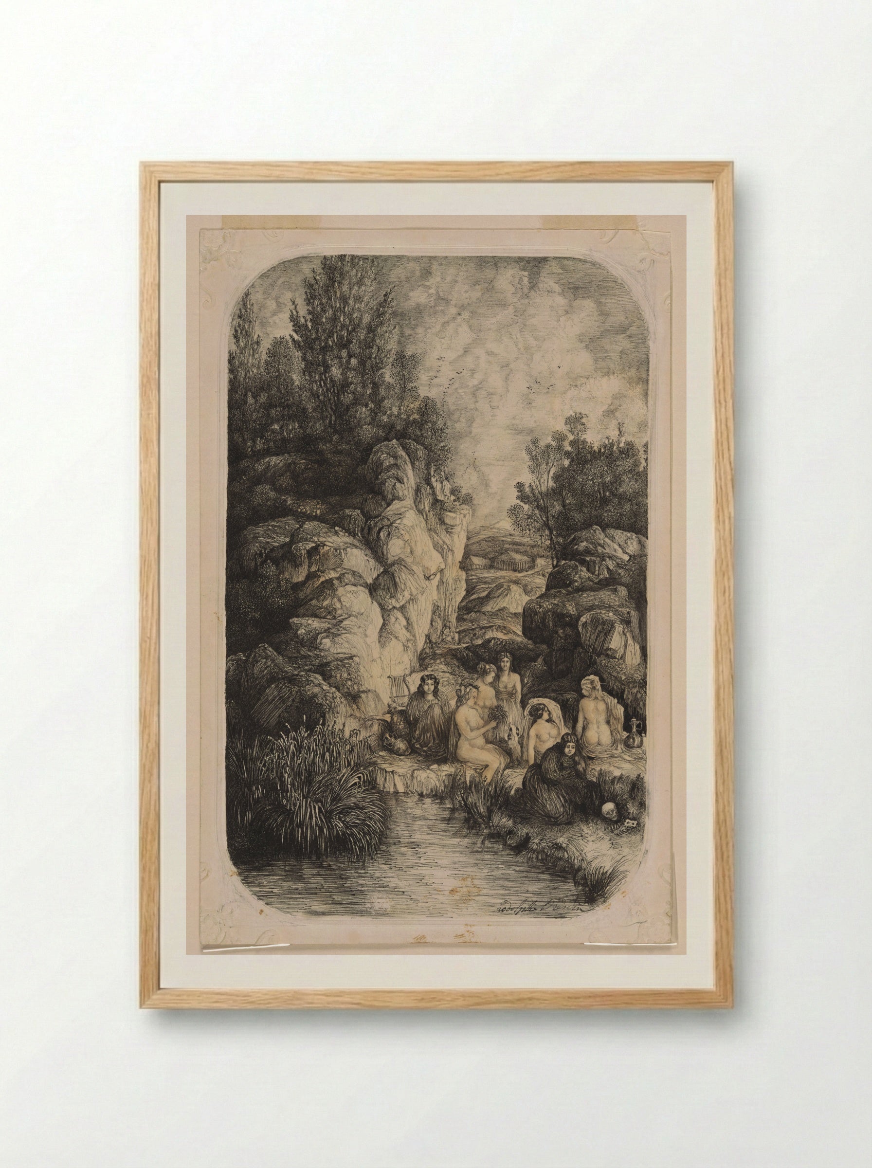 Women Near a Pool - Rodolphe Bresdin - Framed Print Wood