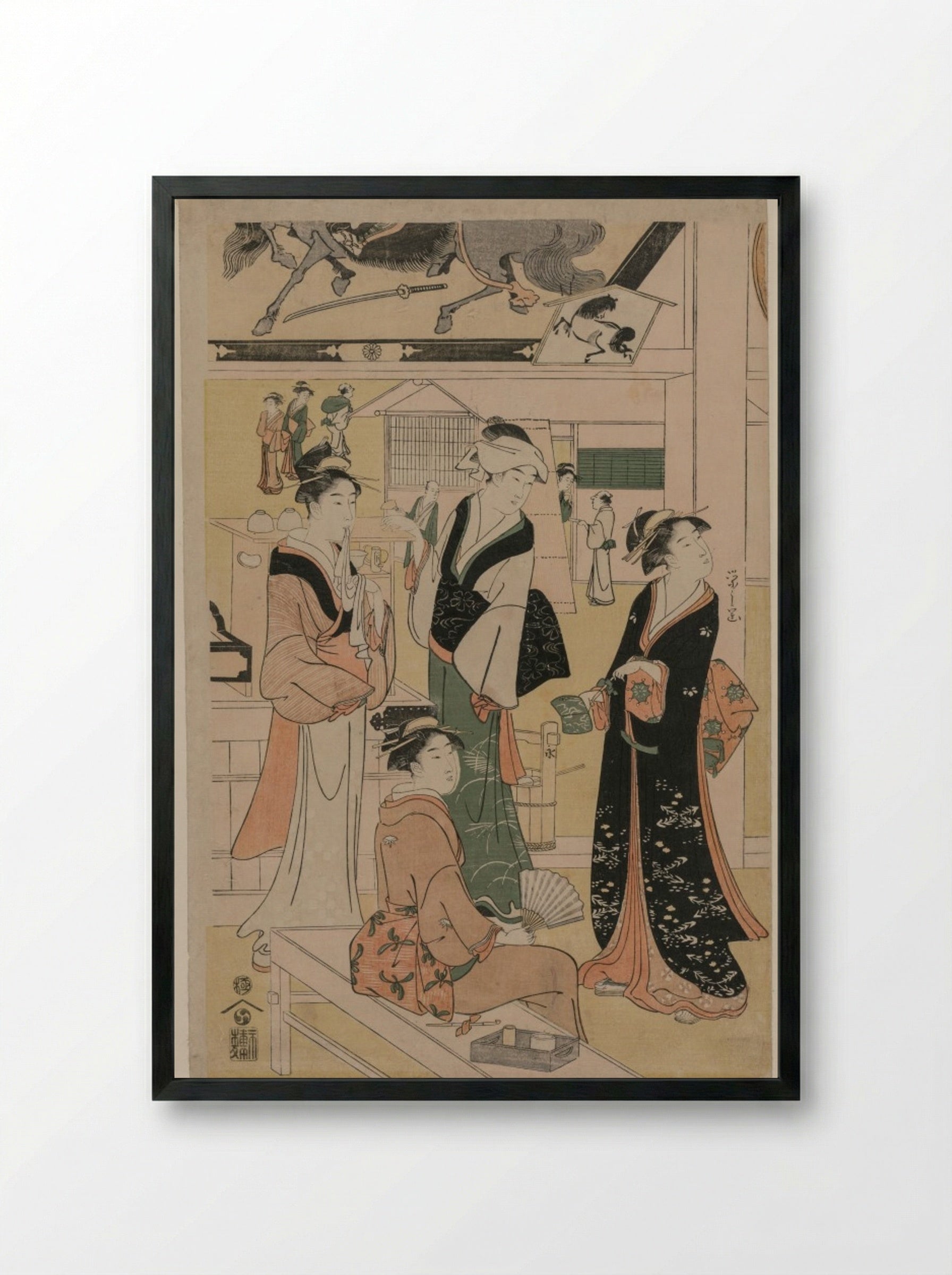 Women Resting in the Votive Picture Hall at Asakusa - Chōbunsai Eishi - Framed Print Black