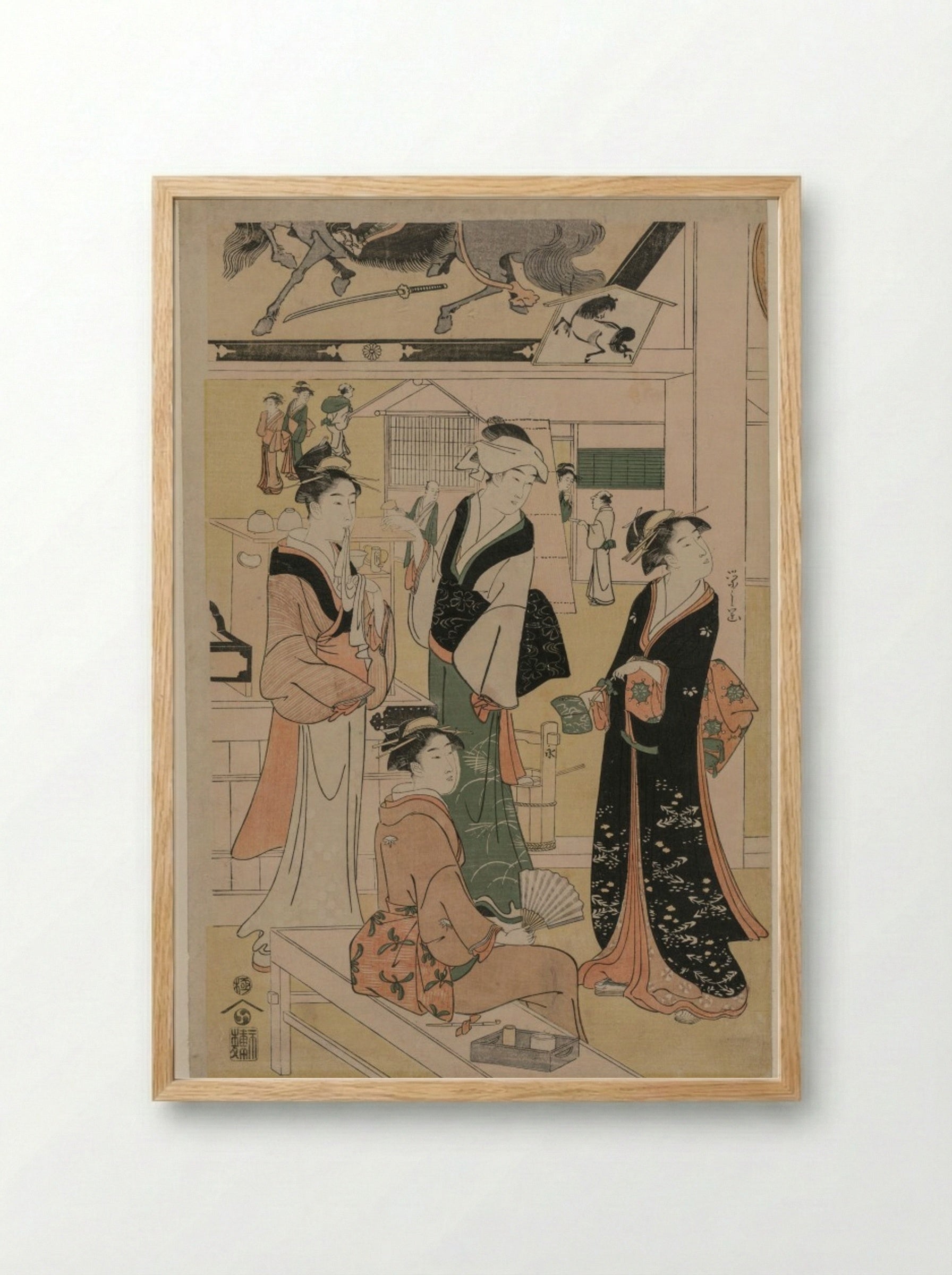 Women Resting in the Votive Picture Hall at Asakusa - Chōbunsai Eishi - Framed Print Wood