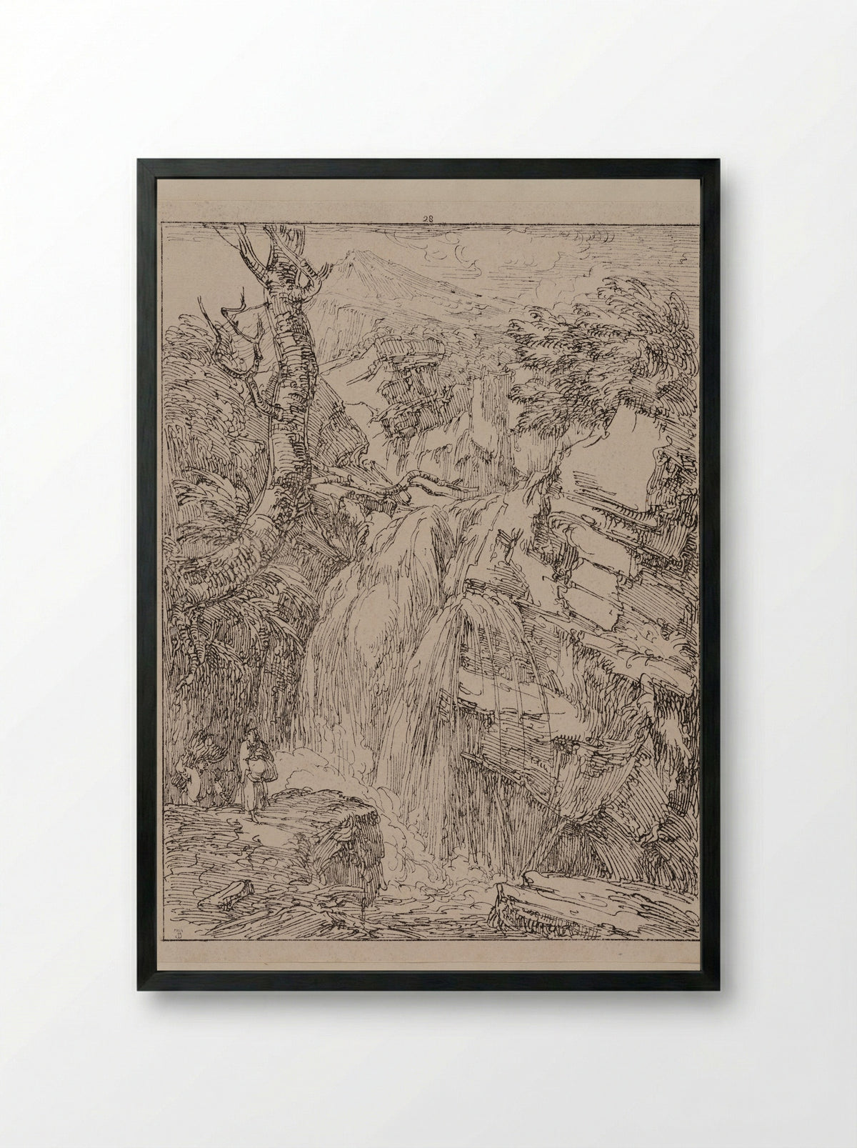 Women Walking at the Foot of a Waterfall - Thomas Barker - Framed Print Black