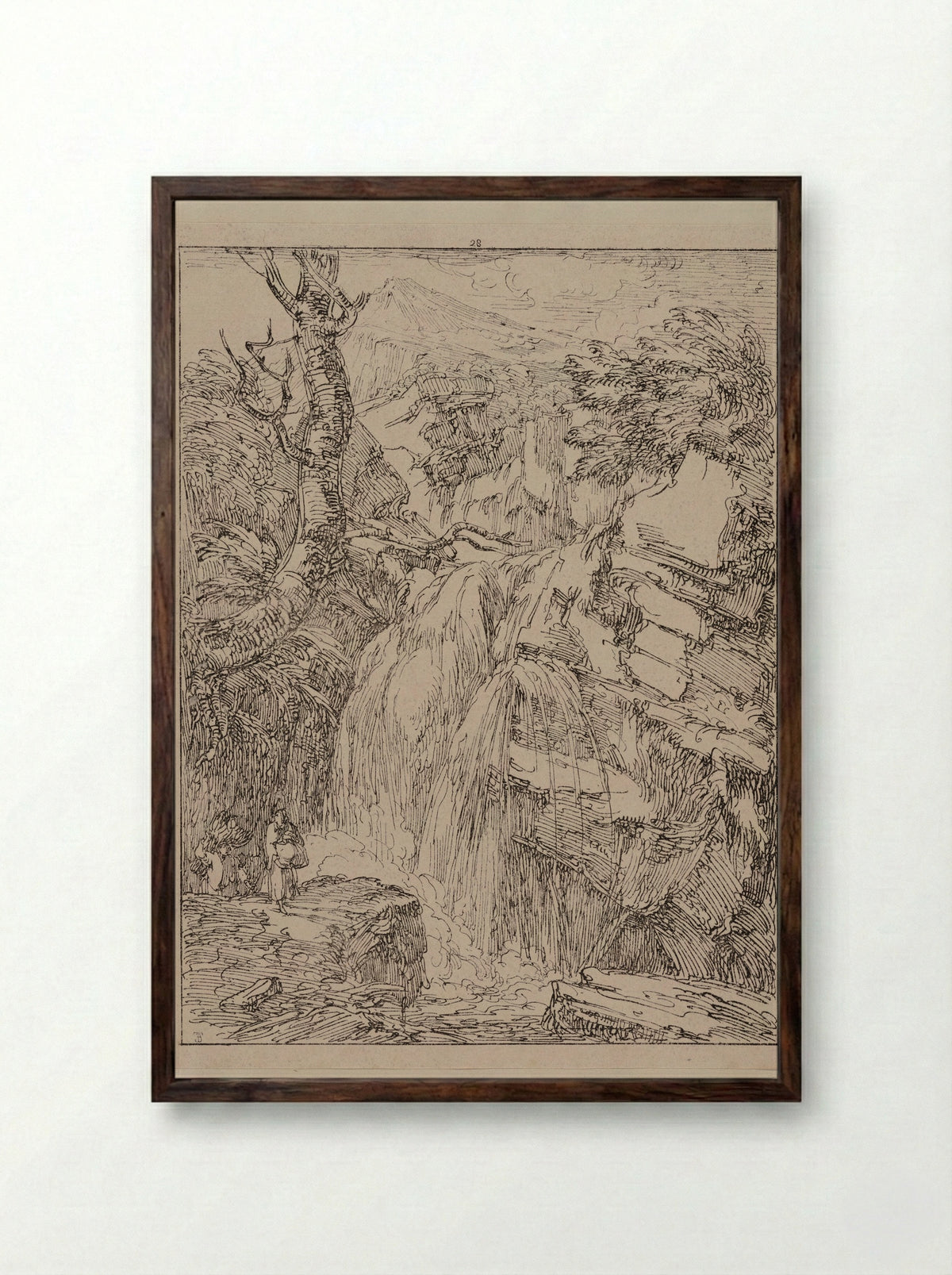 Women Walking at the Foot of a Waterfall - Thomas Barker - Framed Print Dark Wood