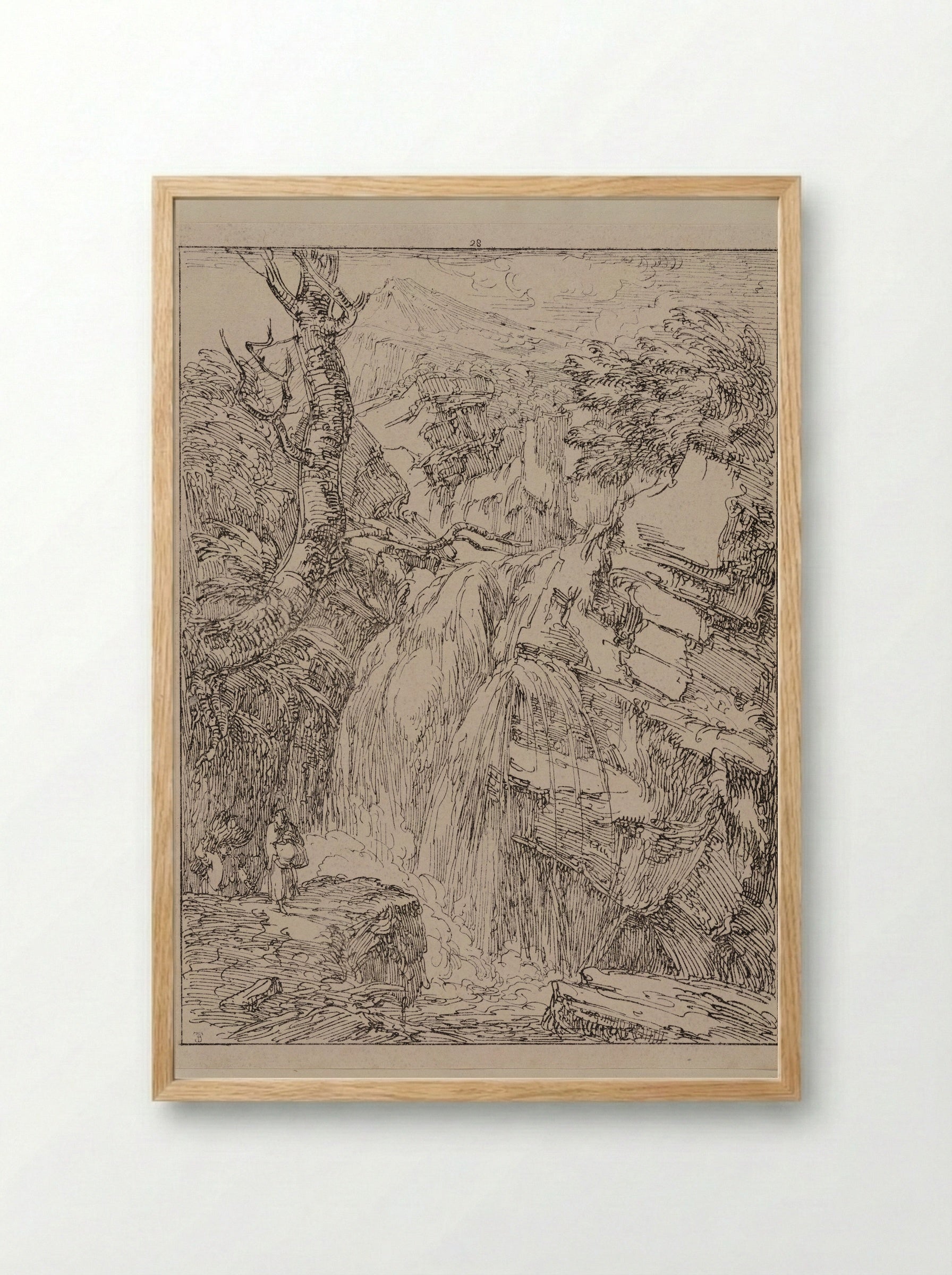 Women Walking at the Foot of a Waterfall - Thomas Barker - Framed Print Wood