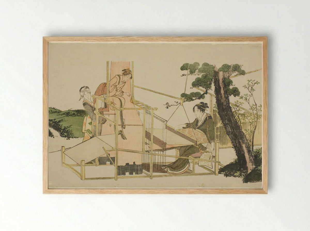 Women Weaving on a Loom - Katsushika Hokusai - Framed Print Wood