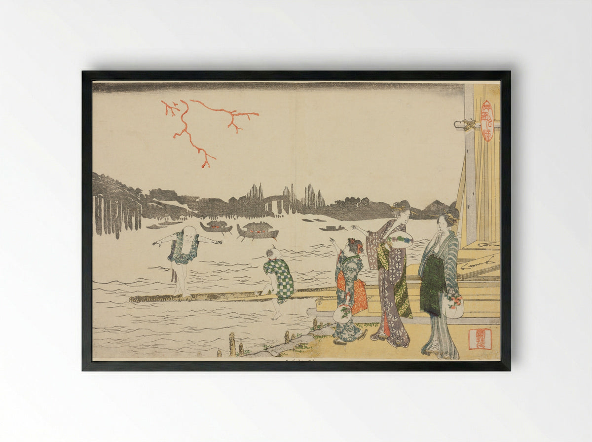 Women and Children Viewing the Fireworks - Katsushika Hokusai - Framed Print Black