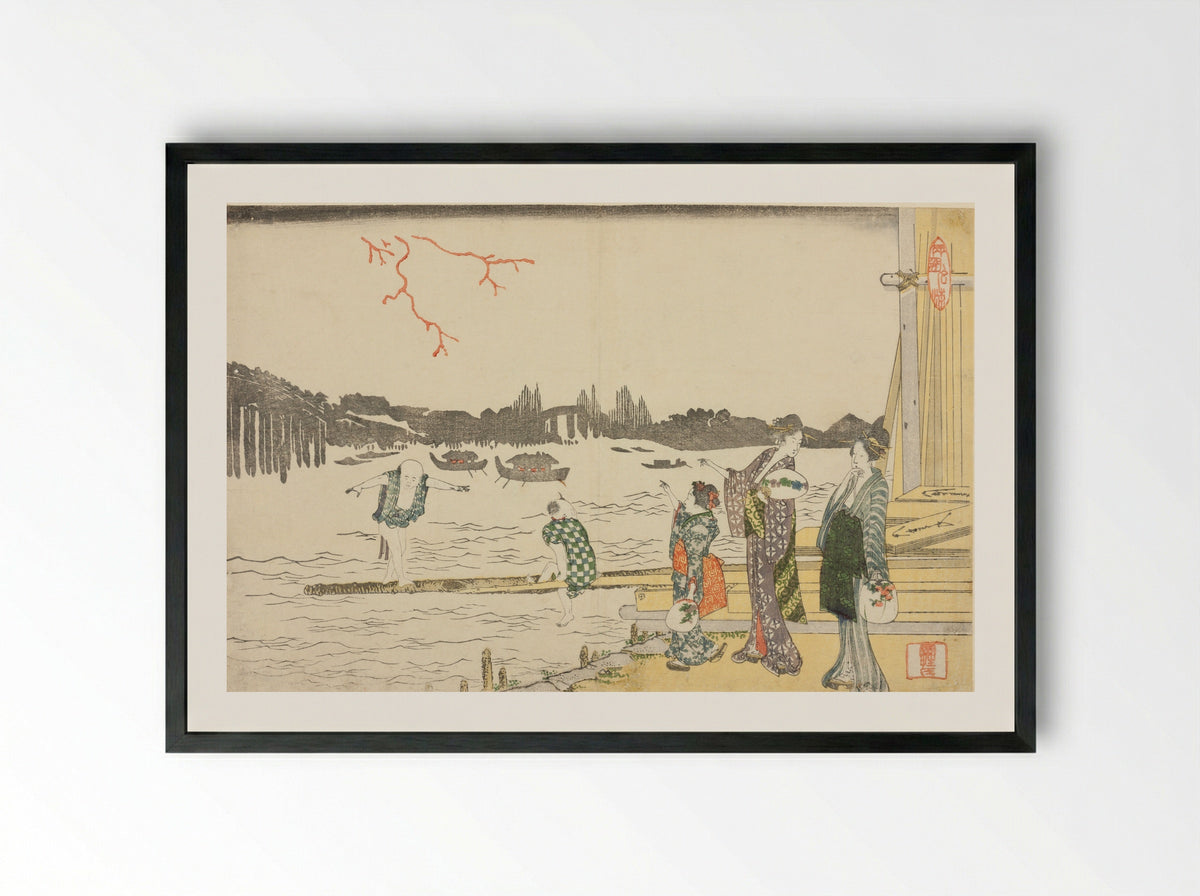 Women and Children Viewing the Fireworks - Katsushika Hokusai - Framed Print Black