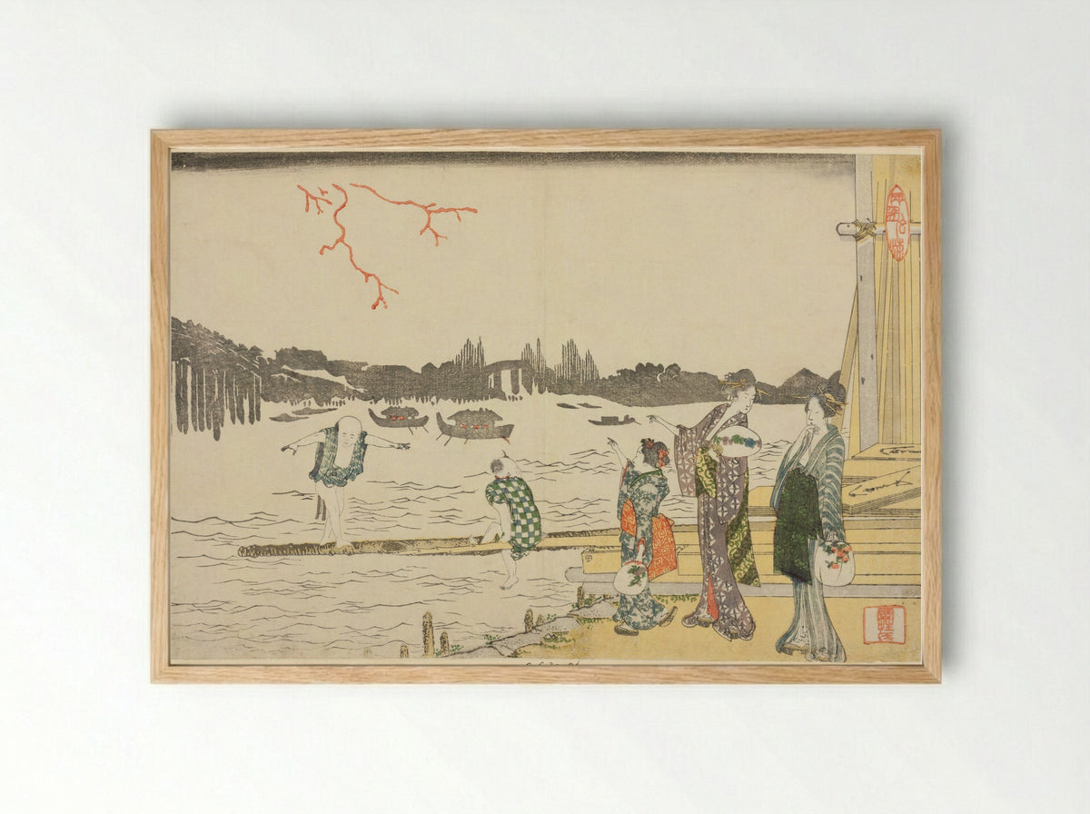 Women and Children Viewing the Fireworks - Katsushika Hokusai - Framed Print Wood