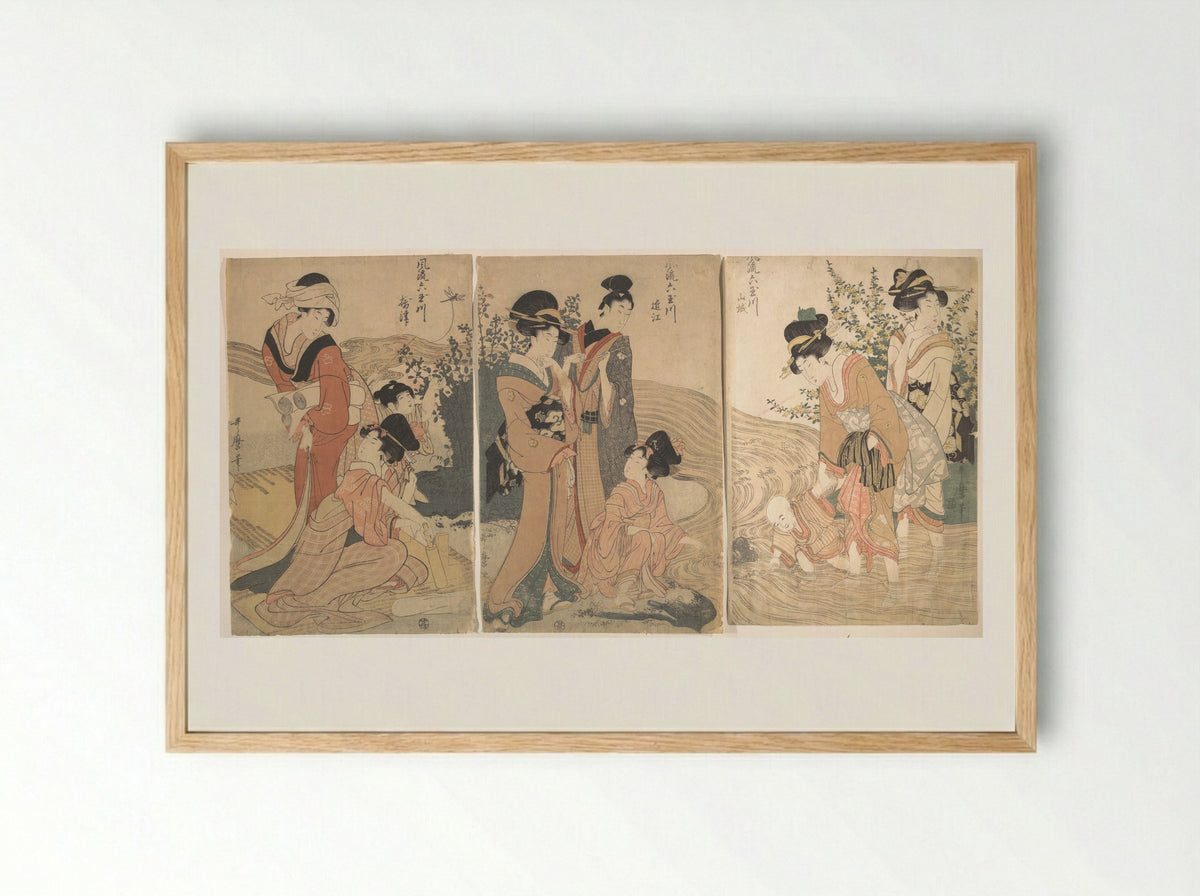 Women and Children on the Banks of a Stream - Kitagawa Utamaro - Framed Print Wood