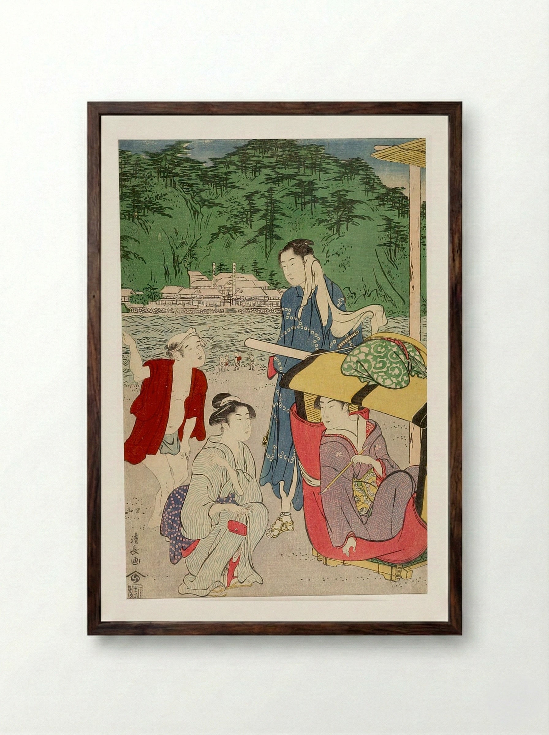 Women and Male Attendant at the Shore (Enoshima?) - Torii Kiyonaga - Framed Print Dark Wood