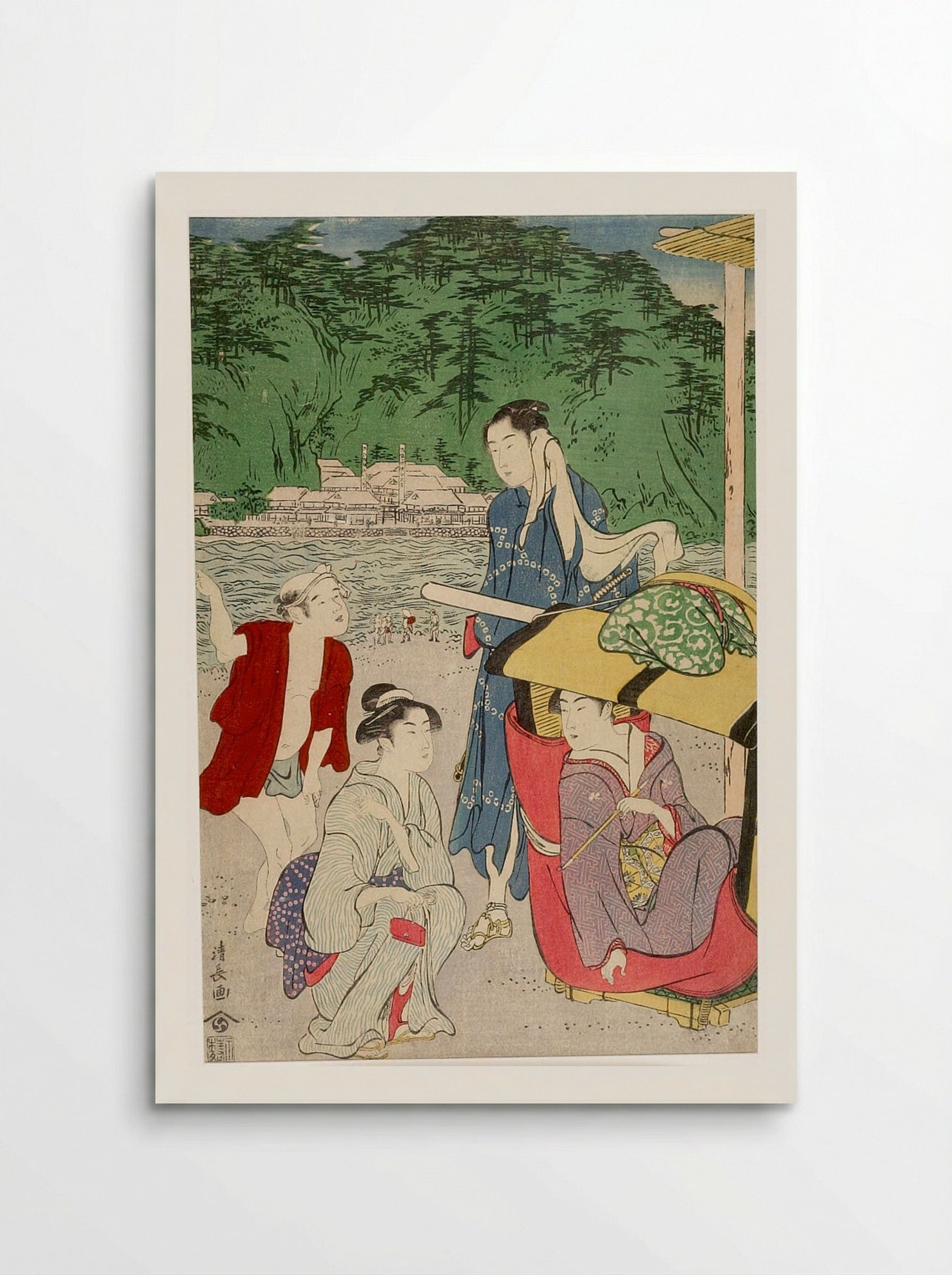 Women and Male Attendant at the Shore (Enoshima?) - Torii Kiyonaga - Poster
