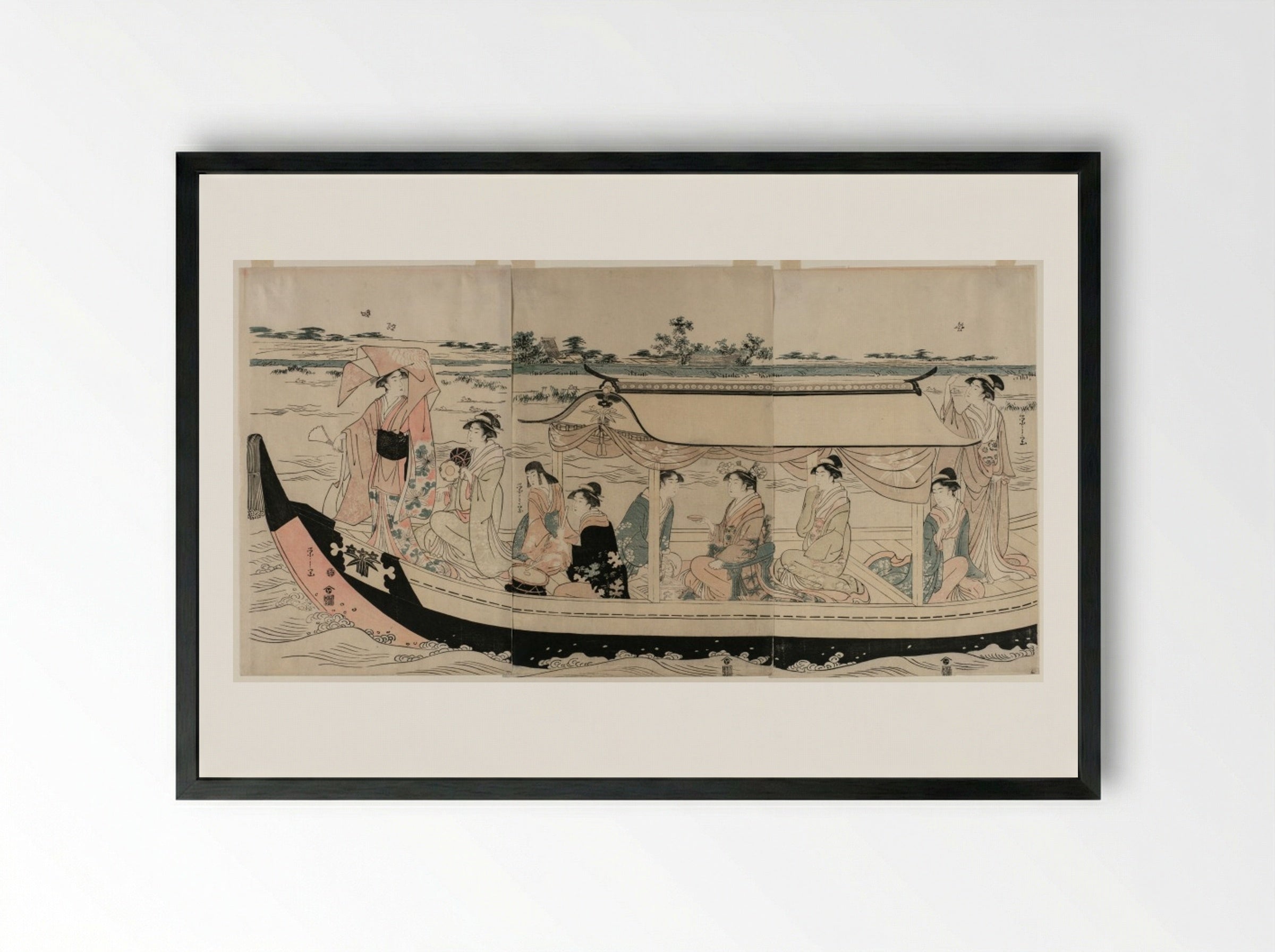 Women in a Pleasure Boat on the Sumida River - Chōbunsai Eishi - Framed Print Black