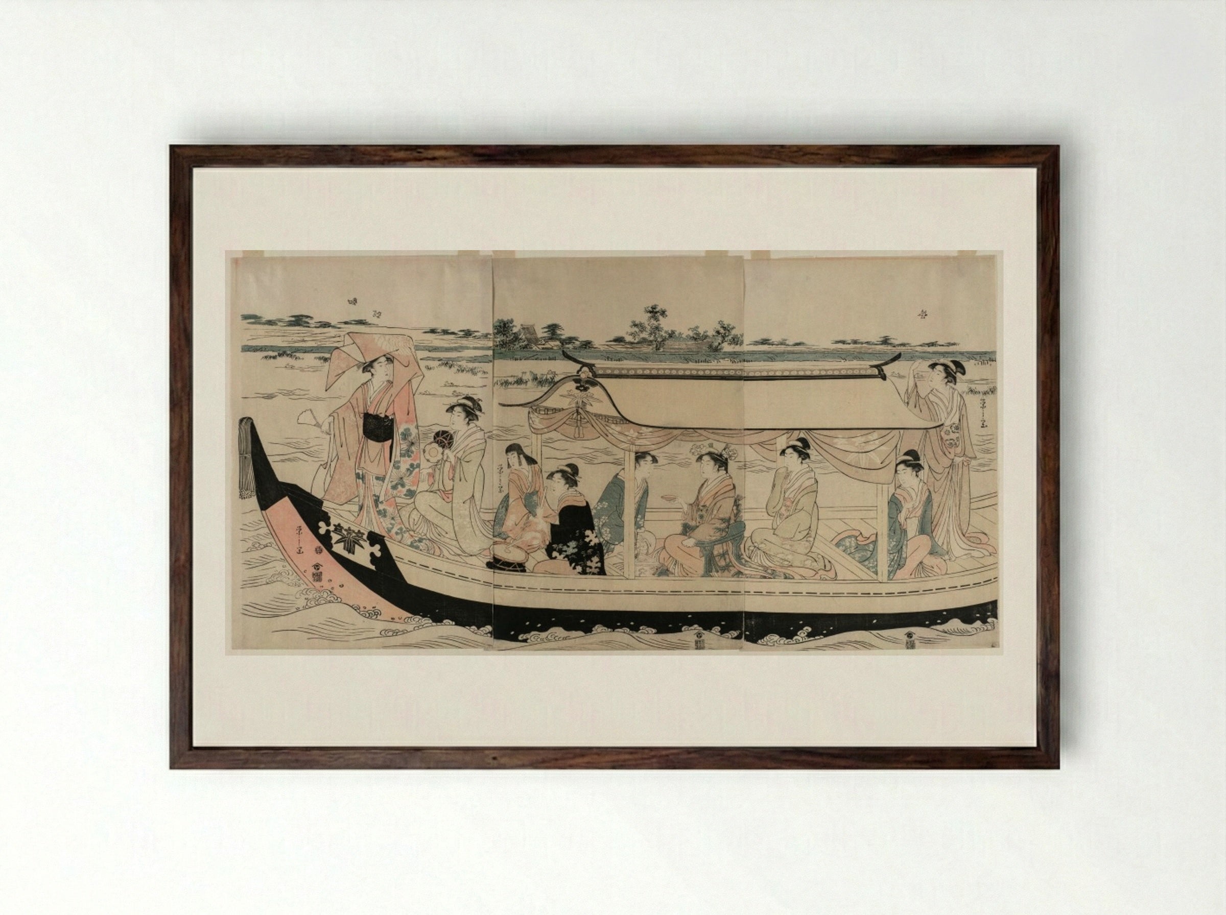 Women in a Pleasure Boat on the Sumida River - Chōbunsai Eishi - Framed Print Dark Wood