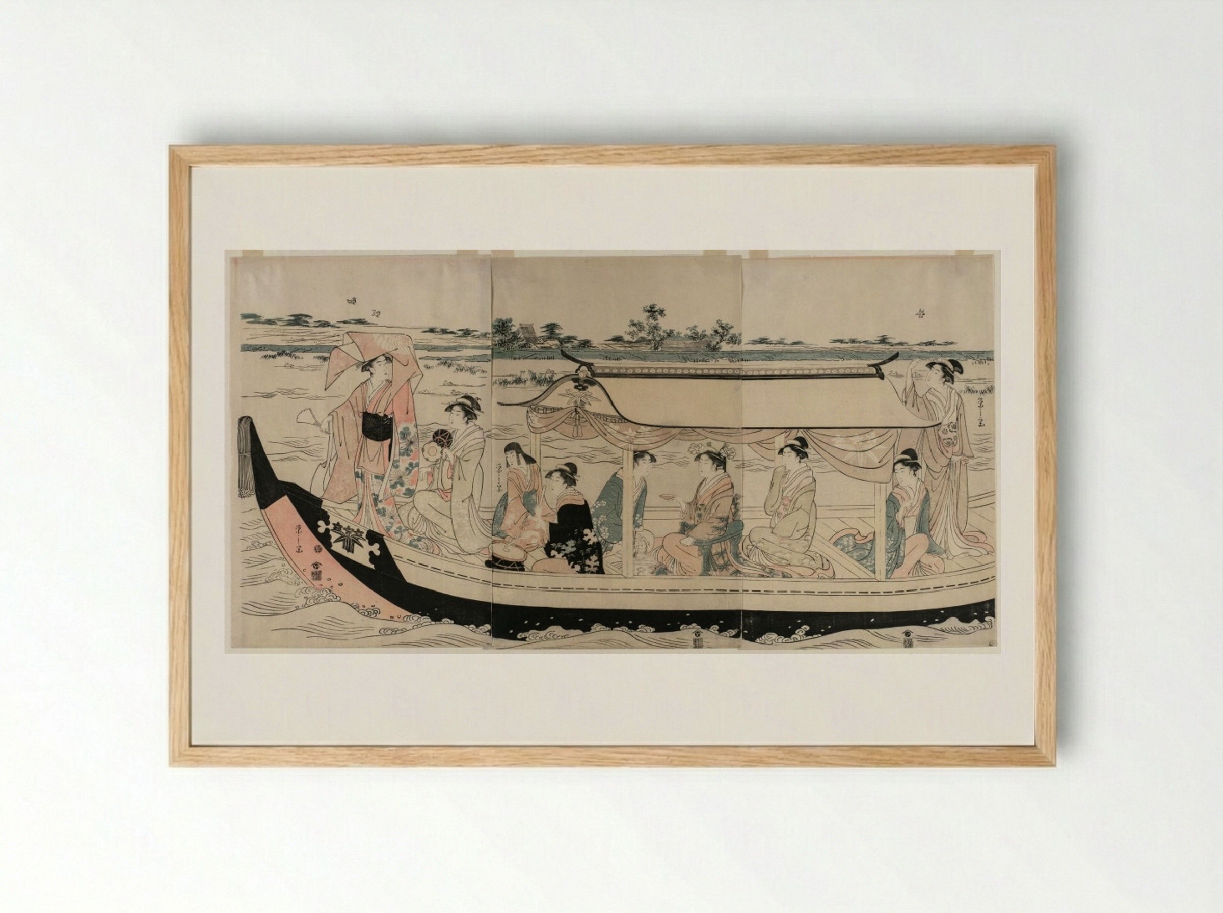 Women in a Pleasure Boat on the Sumida River - Chōbunsai Eishi - Framed Print Wood