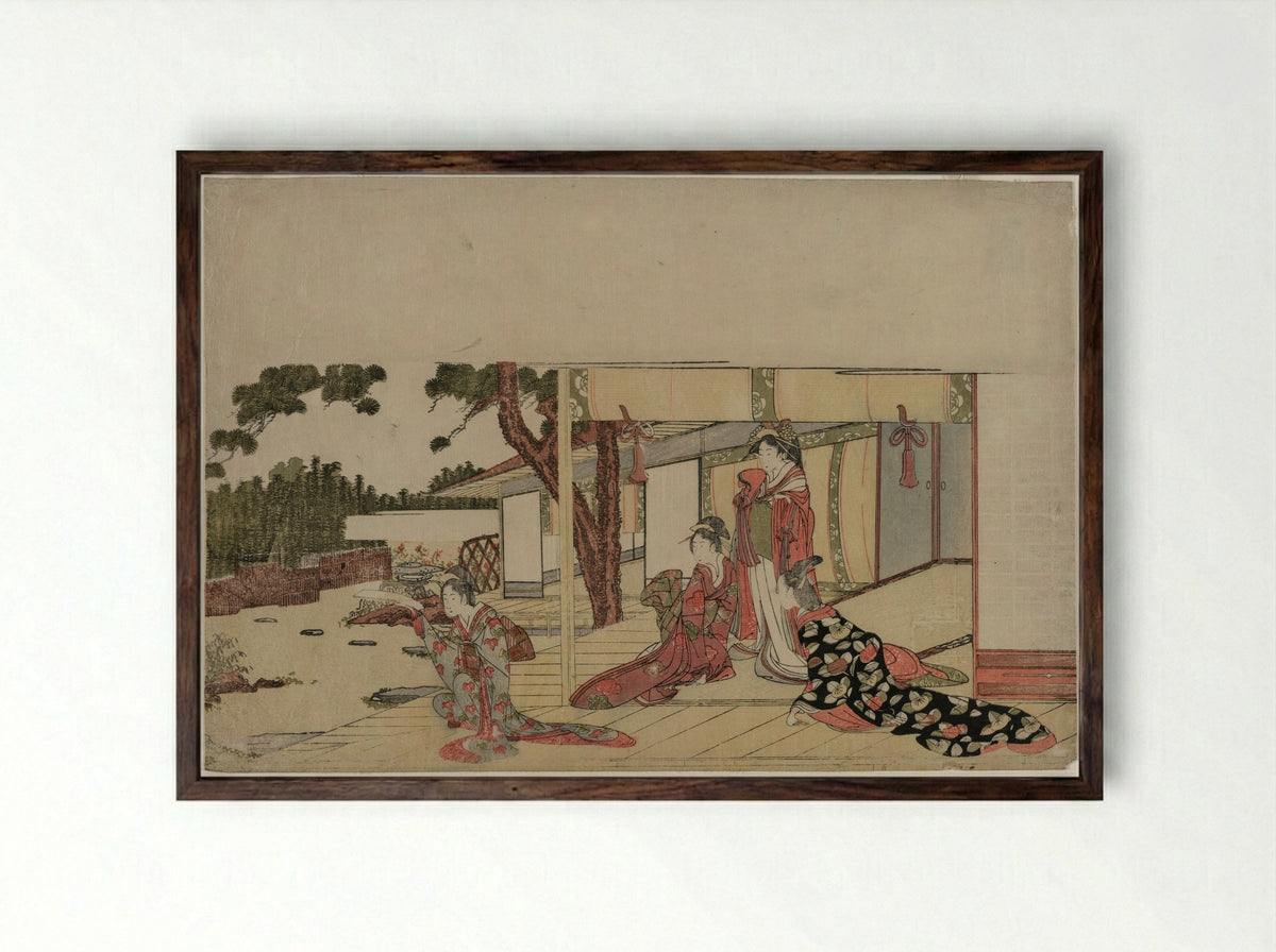 Women on a Veranda - Hishikawa Sōri III - Framed Print Dark Wood