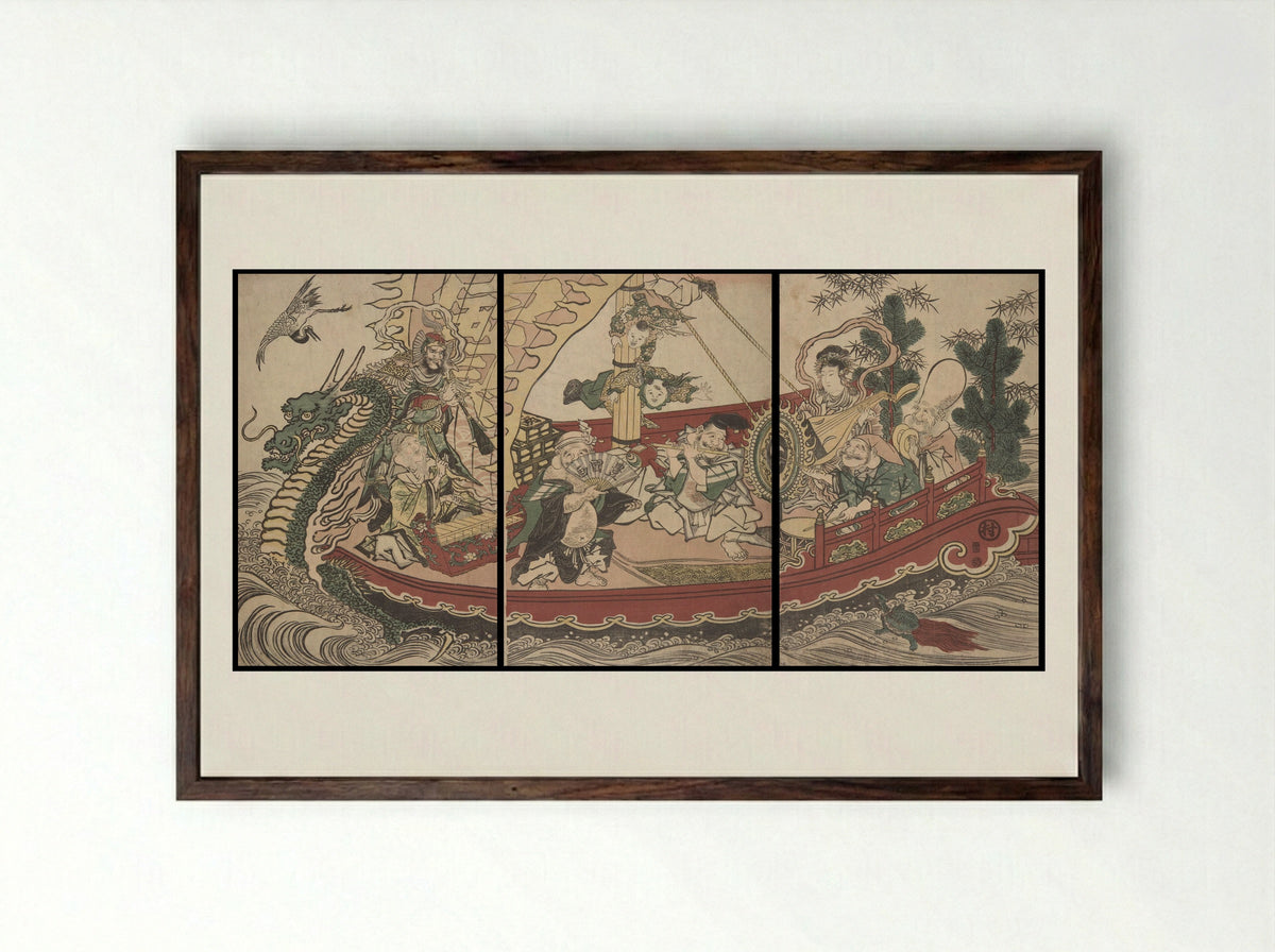 Women on a boat at New Year imitating the Seven Gods of Good Fortune - Utagawa Toyokuni I - Framed Print Dark Wood