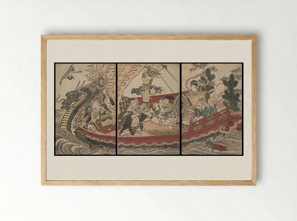 Women on a boat at New Year imitating the Seven Gods of Good Fortune - Utagawa Toyokuni I - Framed Print Wood