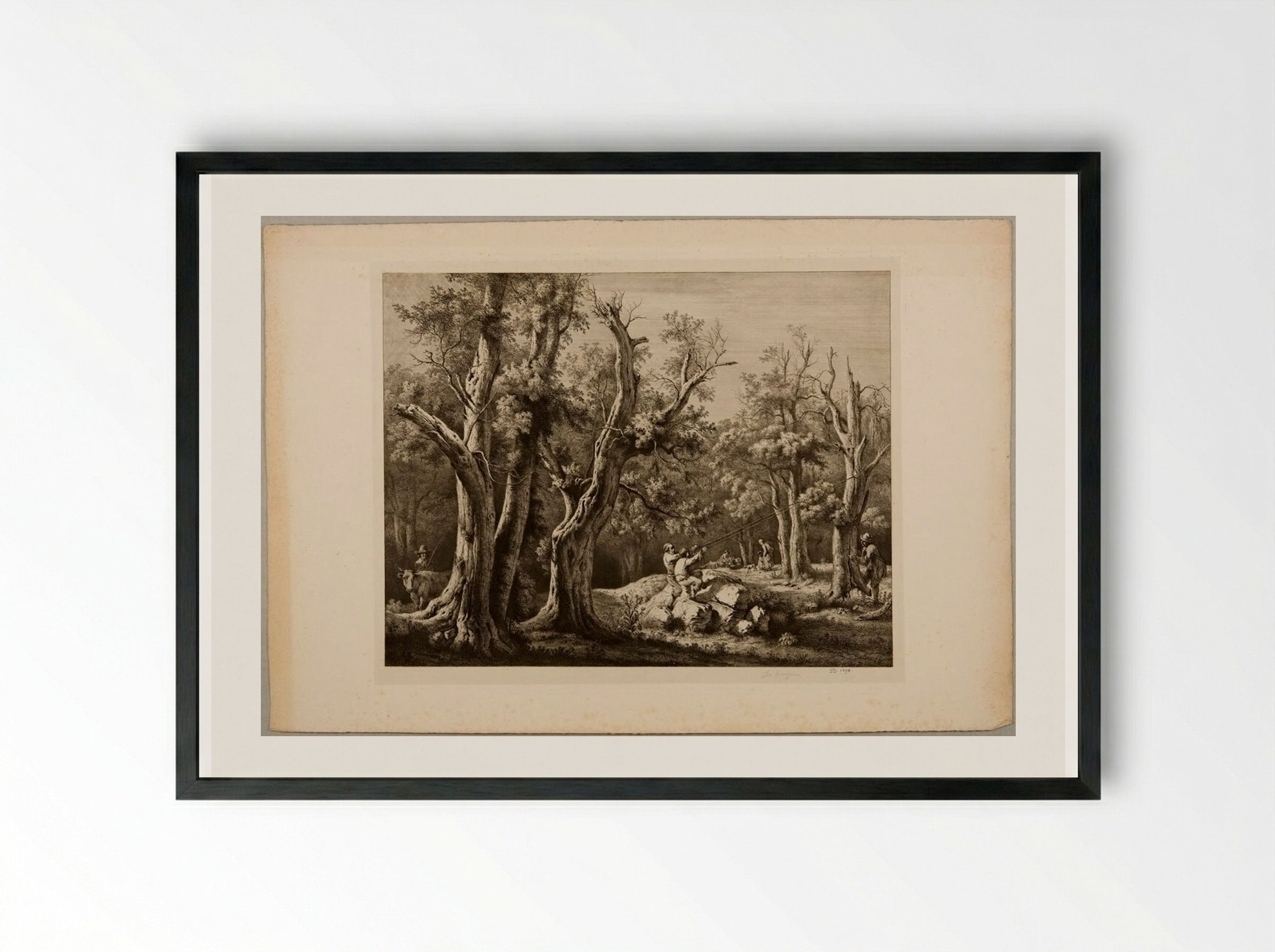 Wood-cutters Felling an Old Tree in the Forest - Jean-Jacques de Boissieu - Framed Print Black