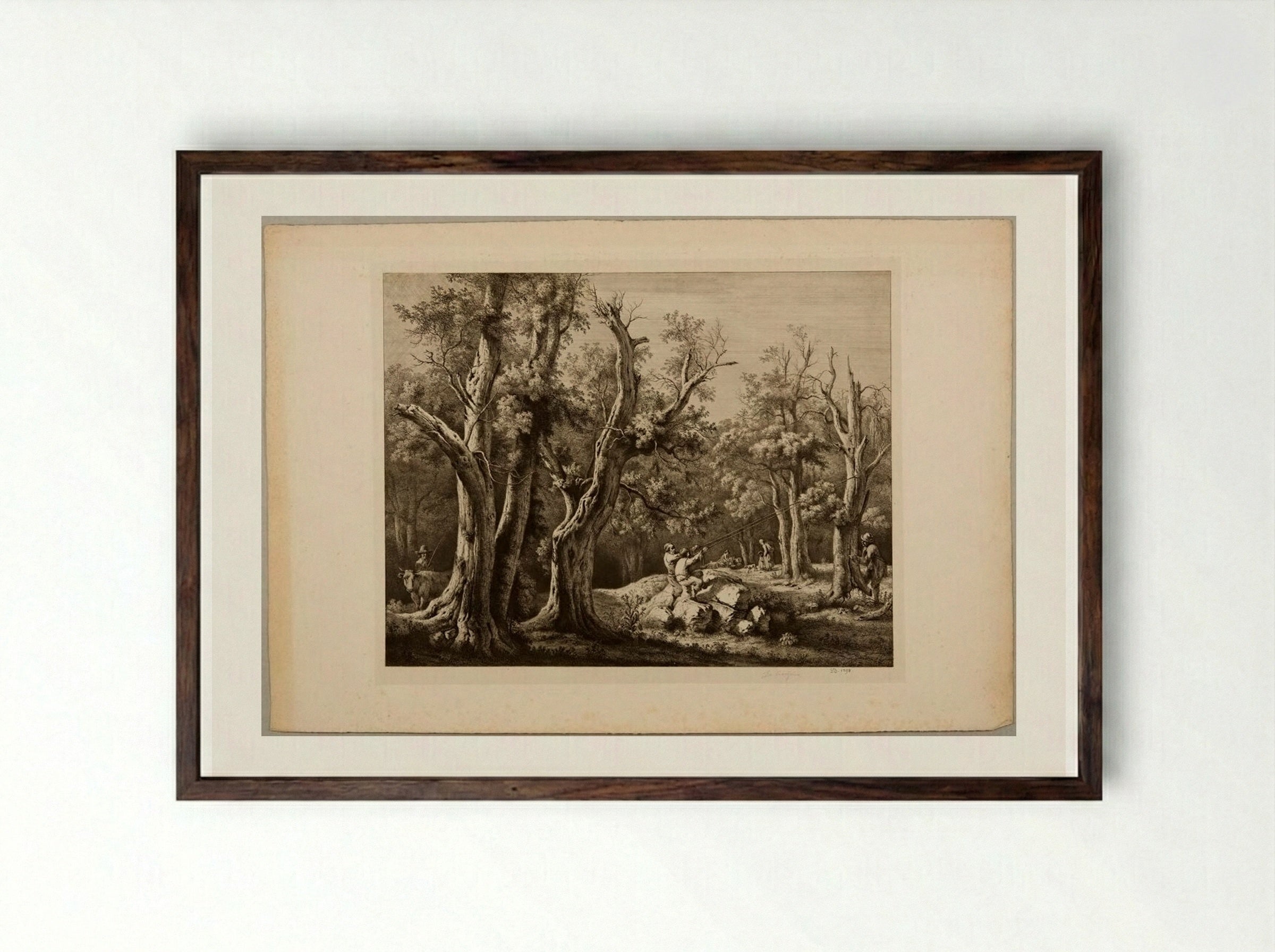 Wood-cutters Felling an Old Tree in the Forest - Jean-Jacques de Boissieu - Framed Print Dark Wood