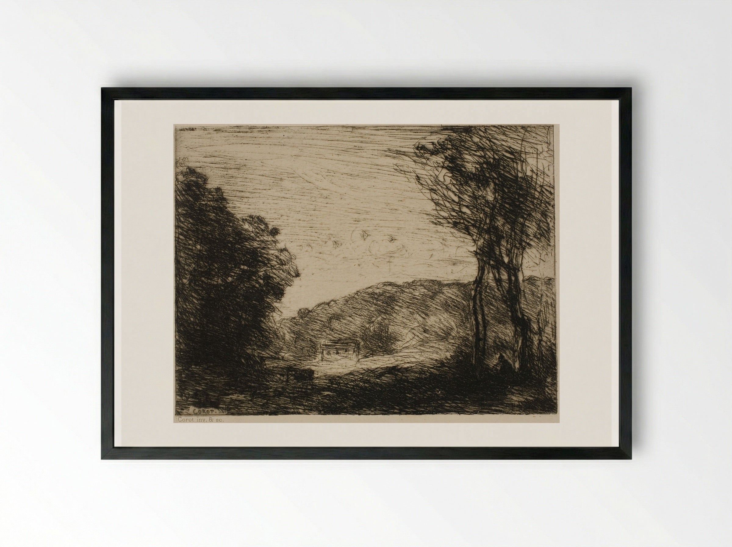 Wooded Countryside - Jean-Baptiste-Camille Corot - Framed Print Black