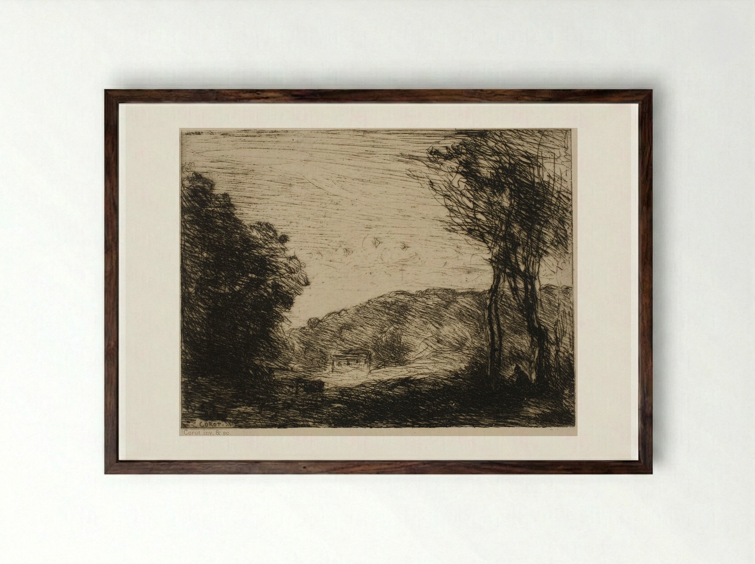 Wooded Countryside - Jean-Baptiste-Camille Corot - Framed Print Dark Wood
