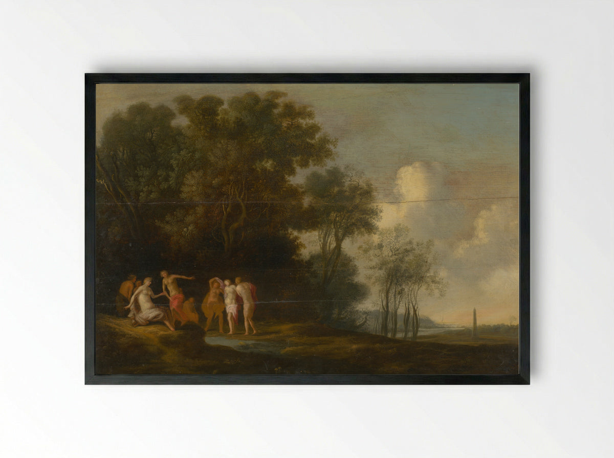 Wooded Hilly Terrain with Figures - Dirck Dalens (II) - Framed Print Black