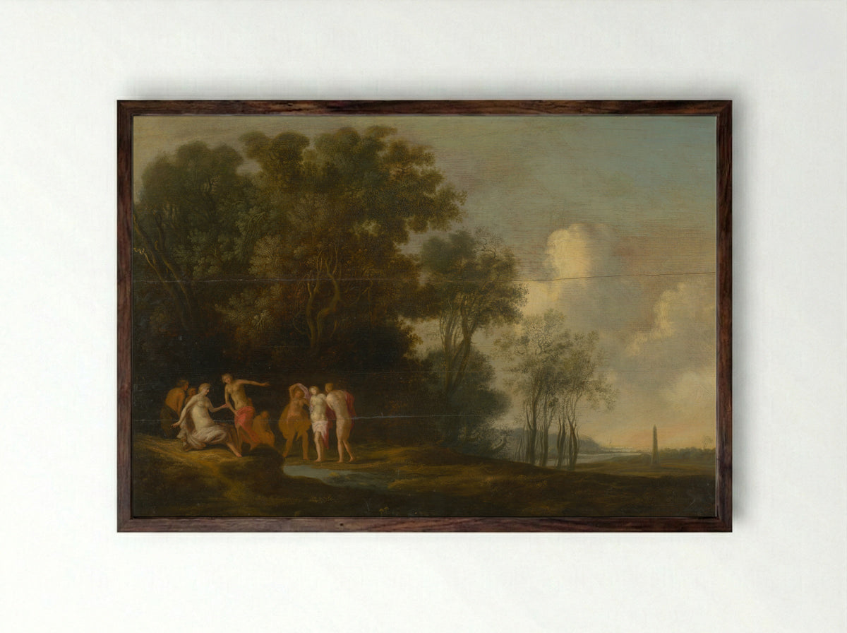 Wooded Hilly Terrain with Figures - Dirck Dalens (II) - Framed Print Dark Wood