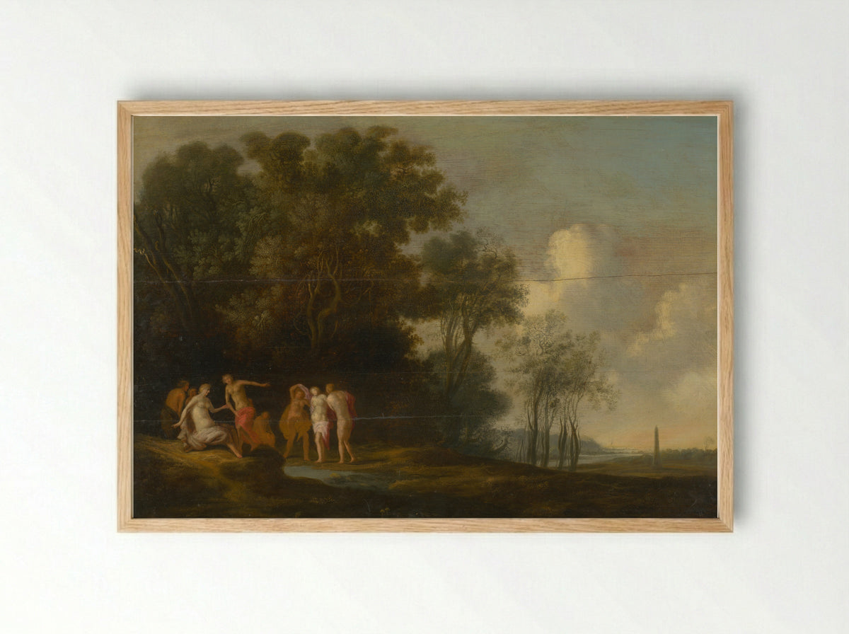 Wooded Hilly Terrain with Figures - Dirck Dalens (II) - Framed Print Wood