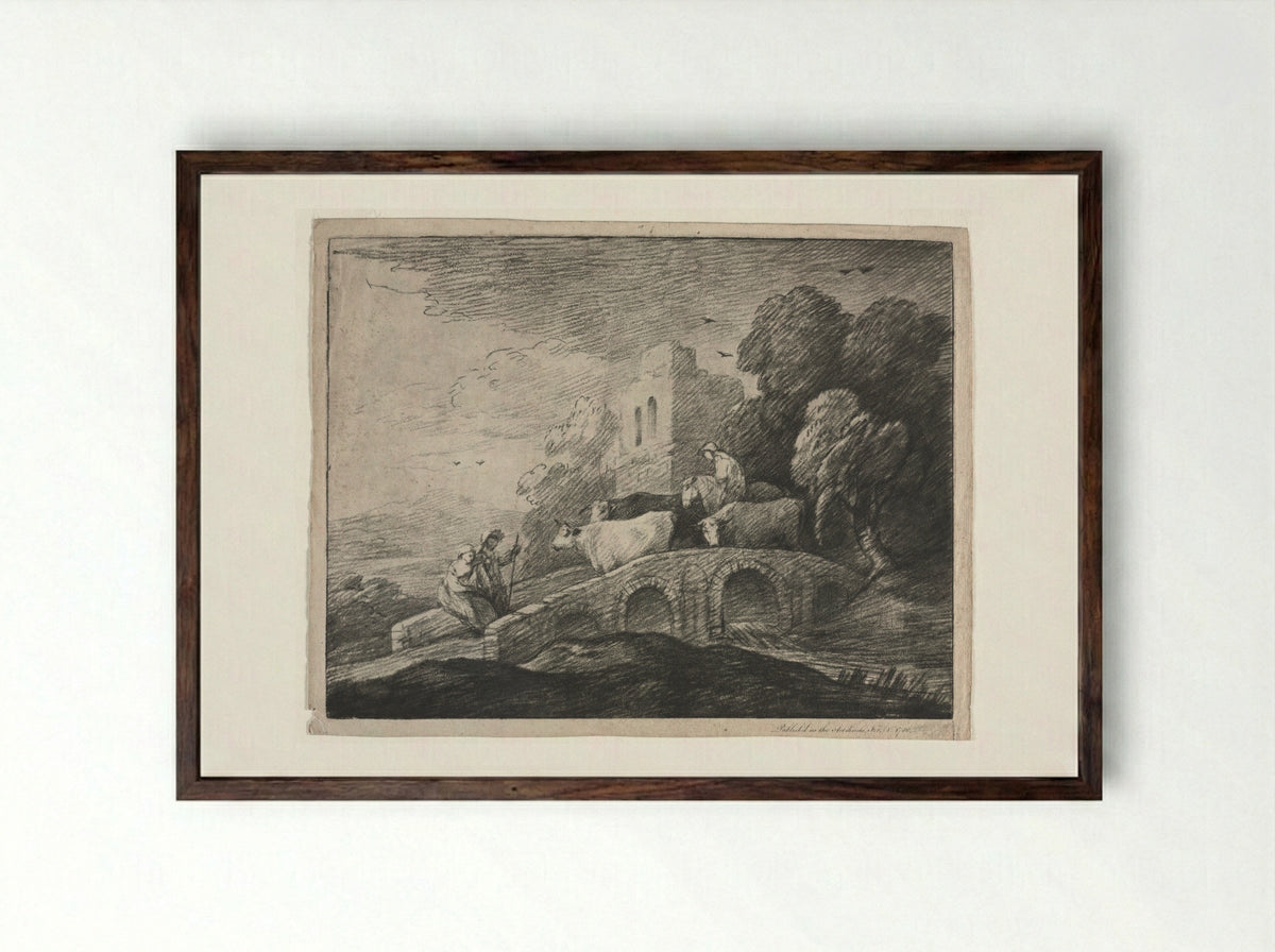 Wooded Landscape with Herdsmen Driving Cattle - Thomas Gainsborough - Framed Print Dark Wood