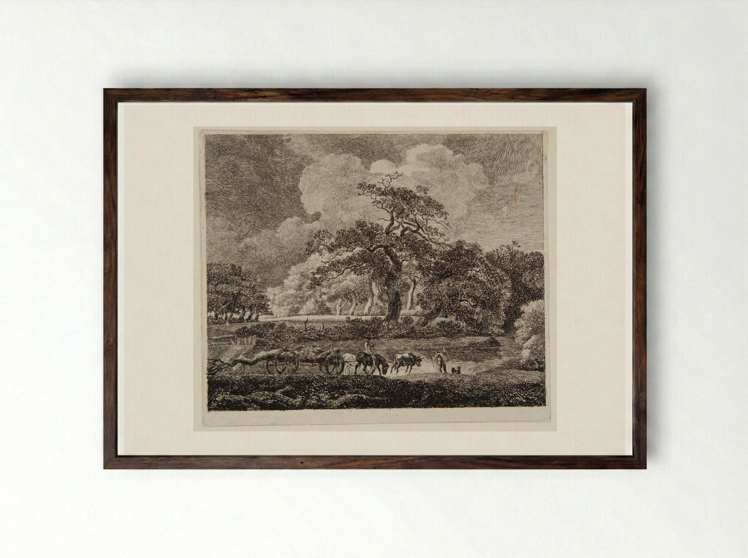 Wooded Landscape with Men Hauling Timber - Johann Christian Reinhart - Framed Print Dark Wood