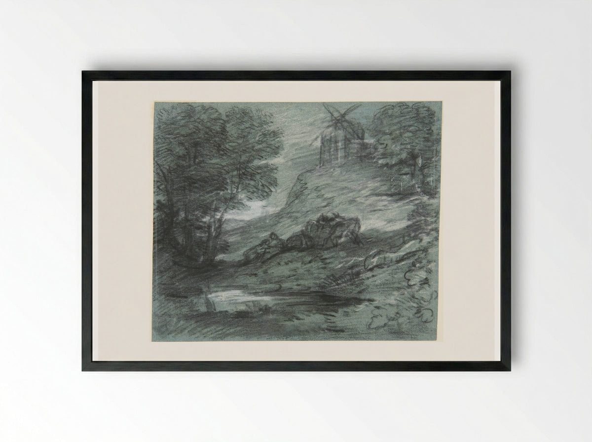 Wooded Landscape with Rustic Lovers, Packhorses and Windmill - Thomas Gainsborough - Framed Print Black