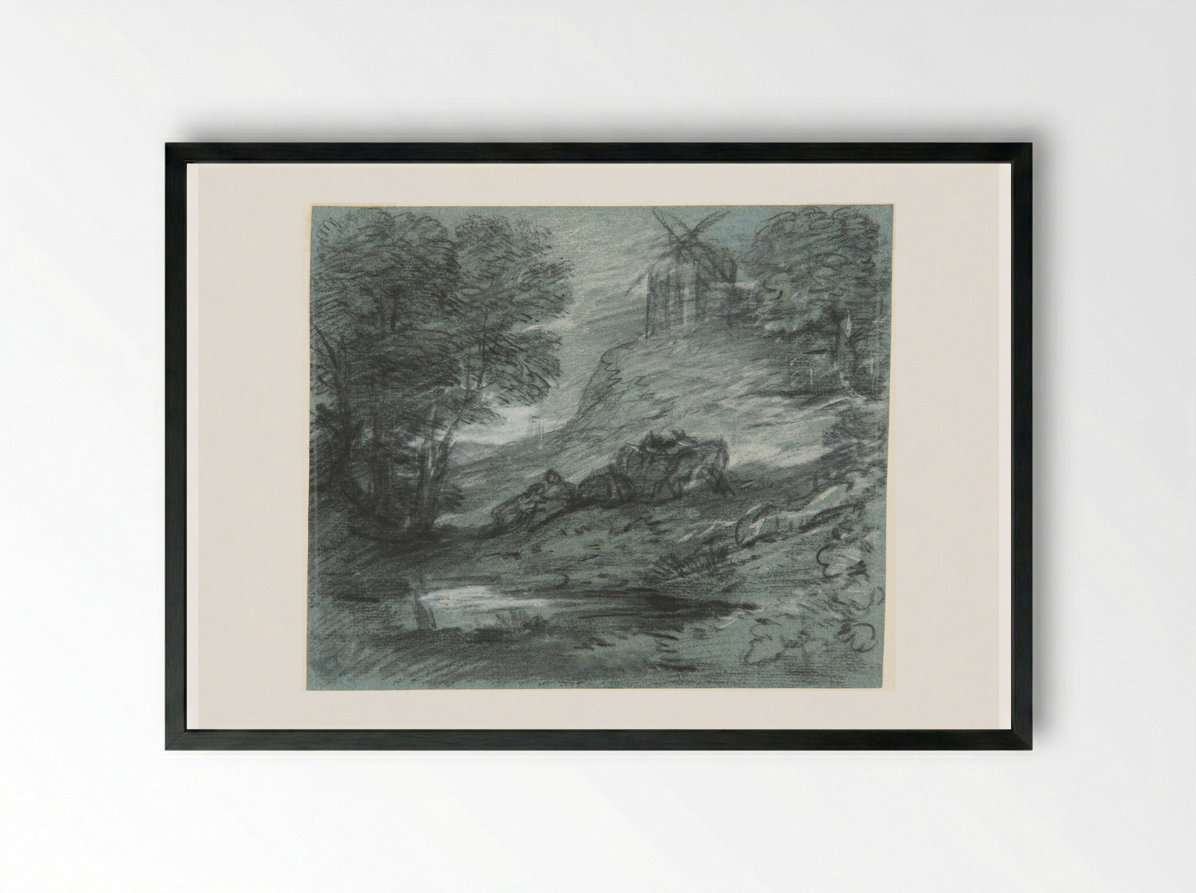 Wooded Landscape with Rustic Lovers, Packhorses and Windmill - Thomas Gainsborough - Framed Print Black