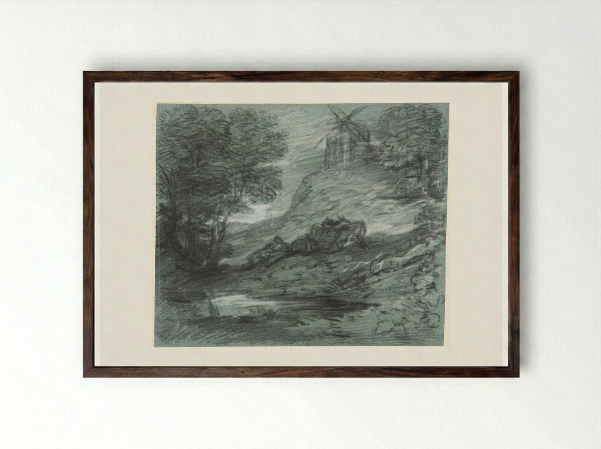 Wooded Landscape with Rustic Lovers, Packhorses and Windmill - Thomas Gainsborough - Framed Print Dark Wood