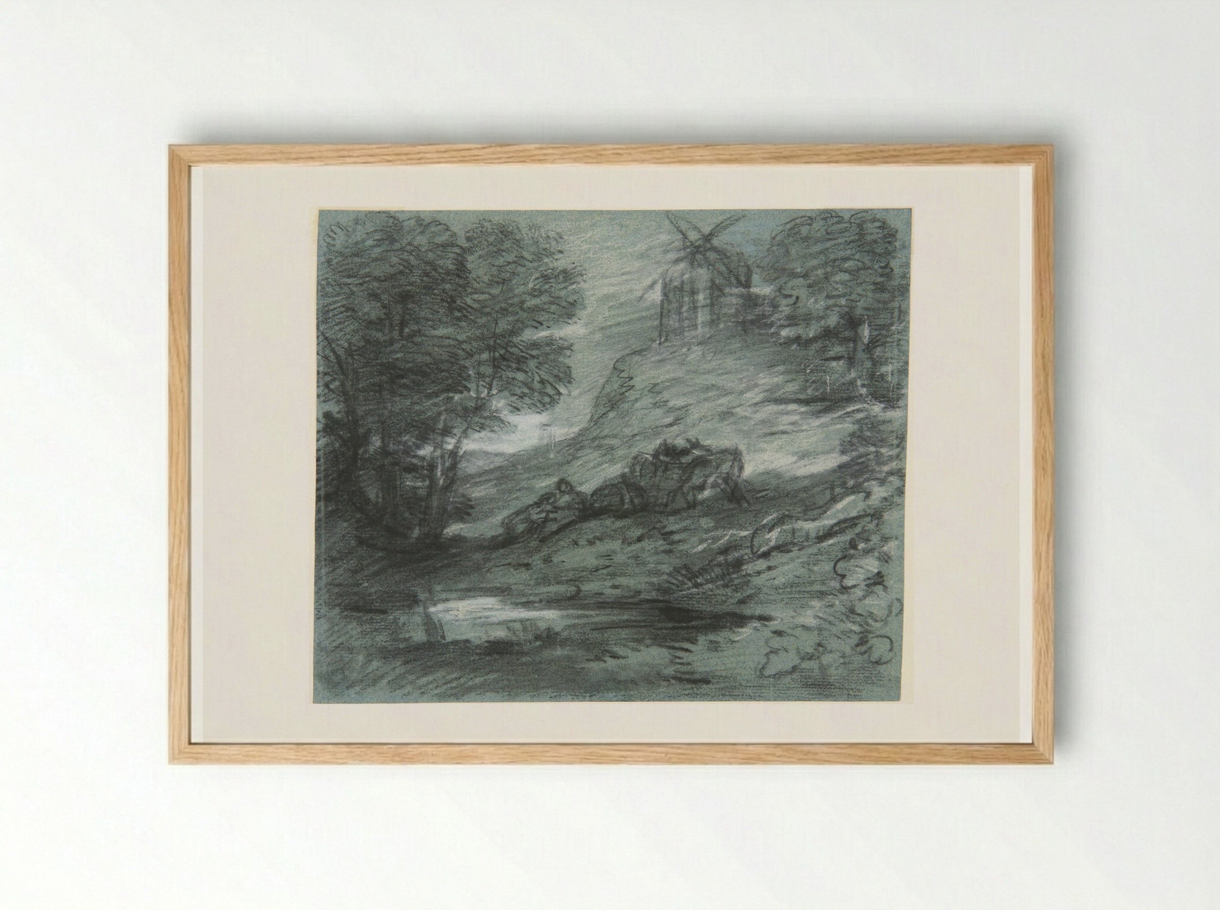 Wooded Landscape with Rustic Lovers, Packhorses and Windmill - Thomas Gainsborough - Framed Print Wood
