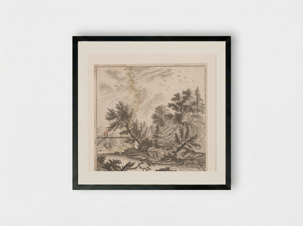 Wooded Landscape with Two Figures on a Bridge - Johann Caspar Ulinger - Framed Print Black