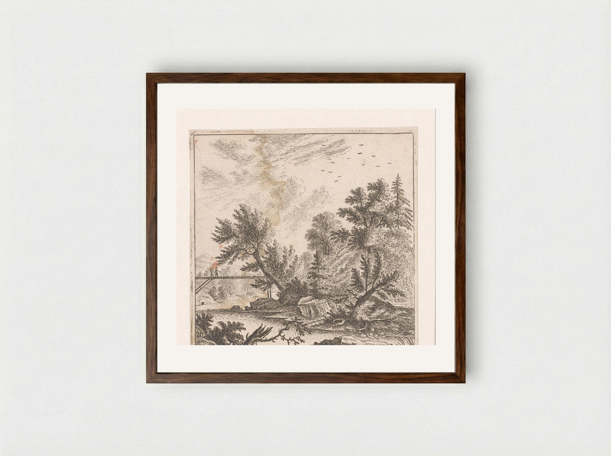 Wooded Landscape with Two Figures on a Bridge - Johann Caspar Ulinger - Framed Print Dark Wood
