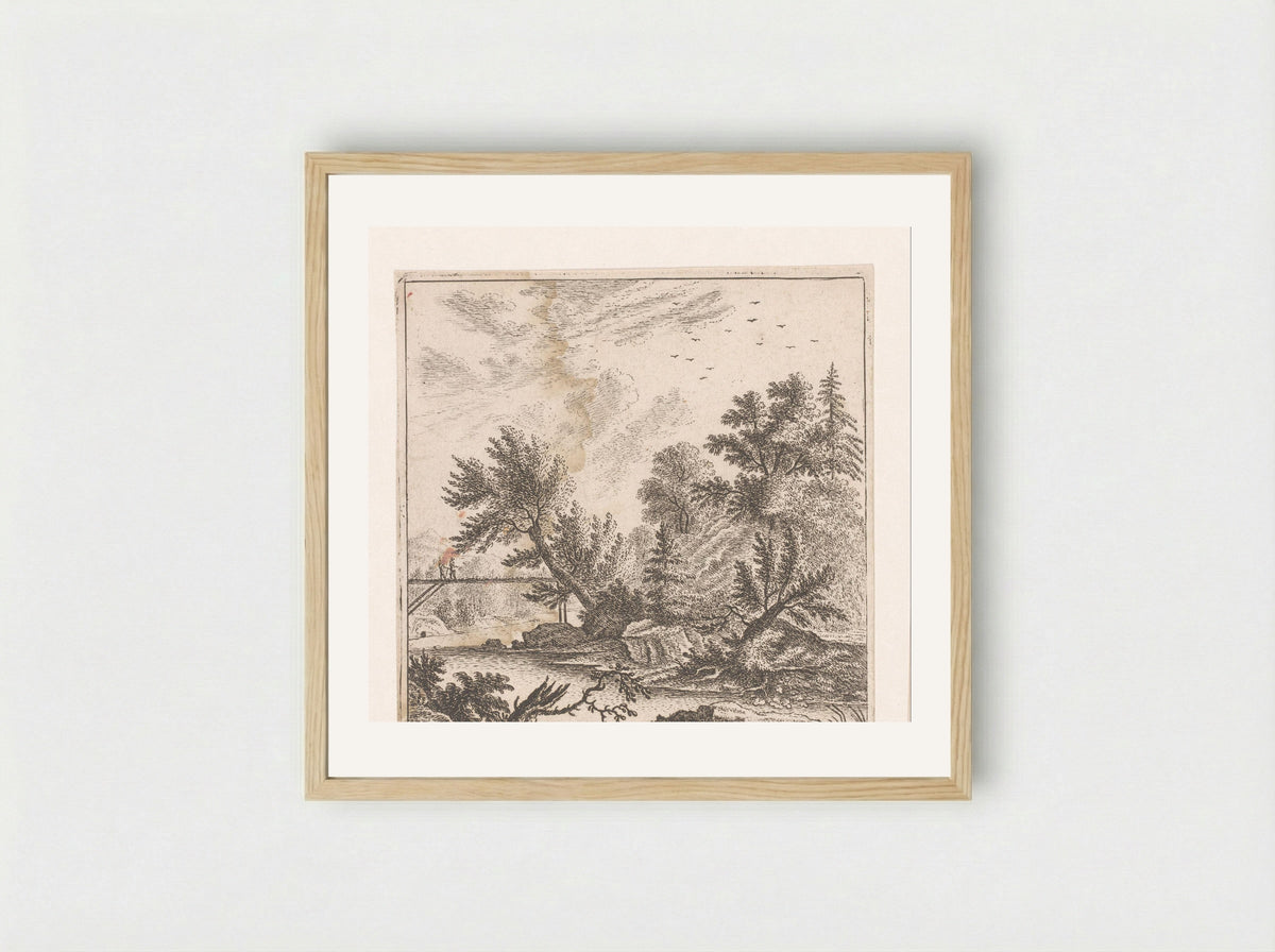 Wooded Landscape with Two Figures on a Bridge - Johann Caspar Ulinger - Framed Print Wood