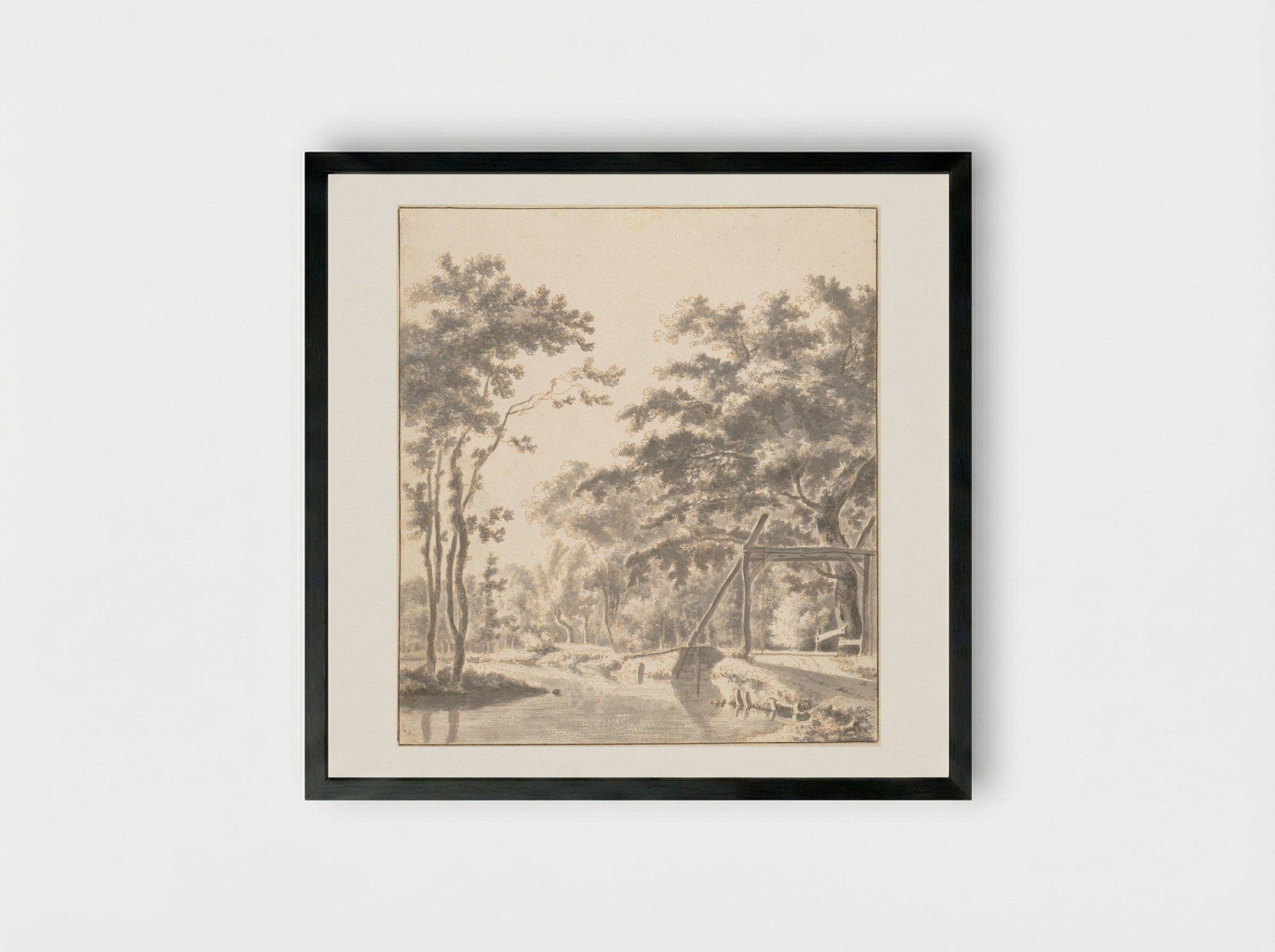 Wooded Landscape with a Drawbridge - Frederik de Moucheron - Framed Print Black