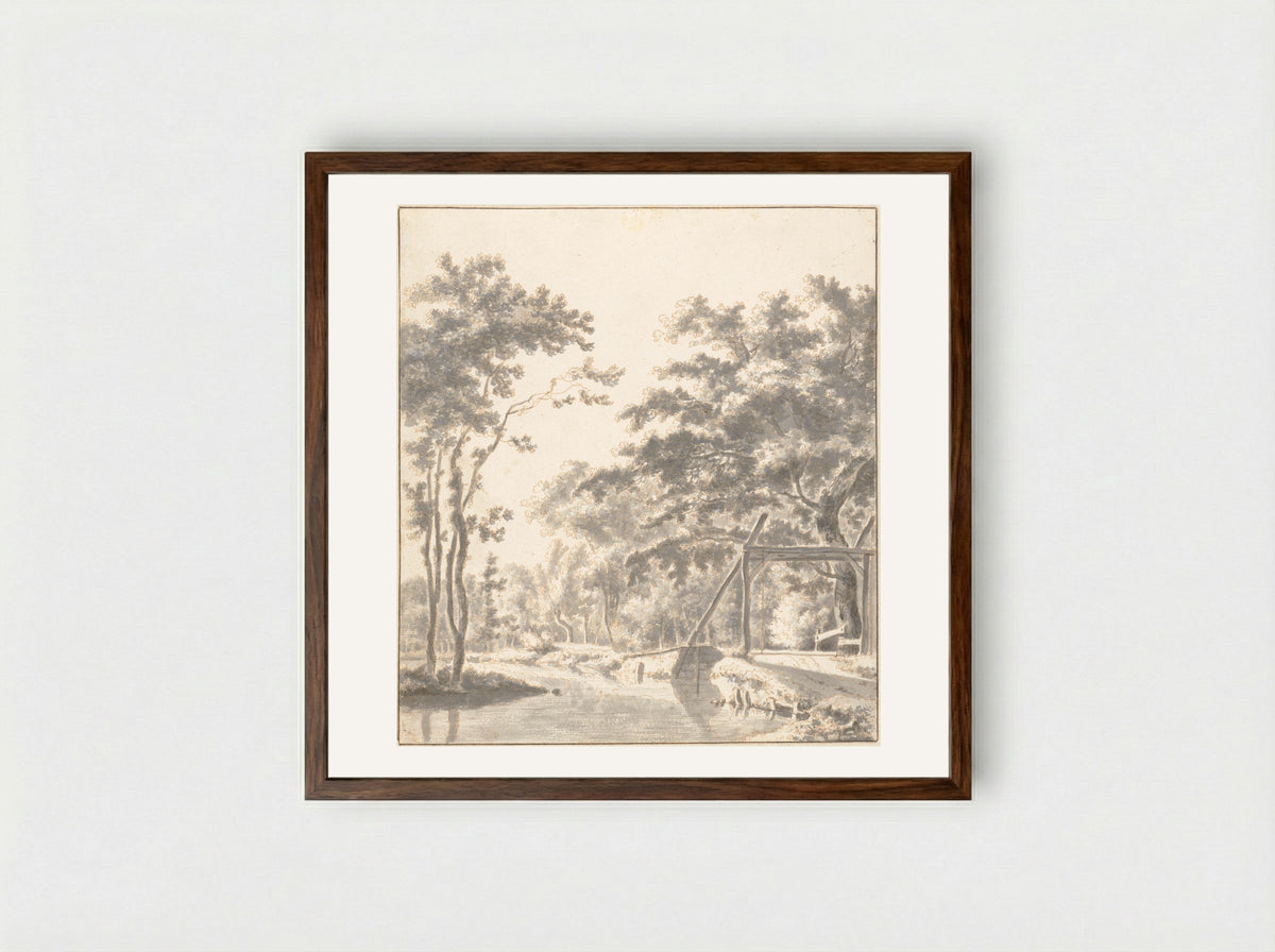 Wooded Landscape with a Drawbridge - Frederik de Moucheron - Framed Print Dark Wood
