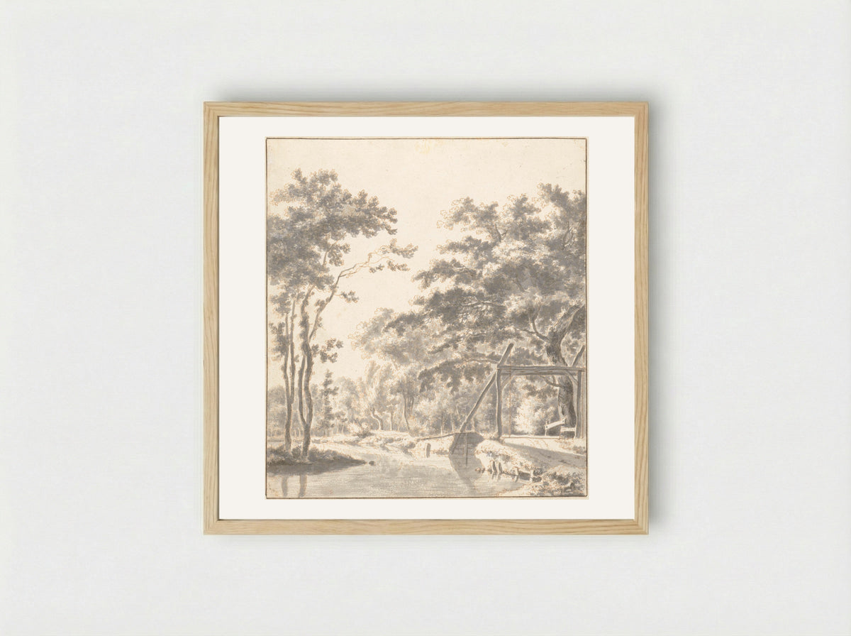 Wooded Landscape with a Drawbridge - Frederik de Moucheron - Framed Print Wood