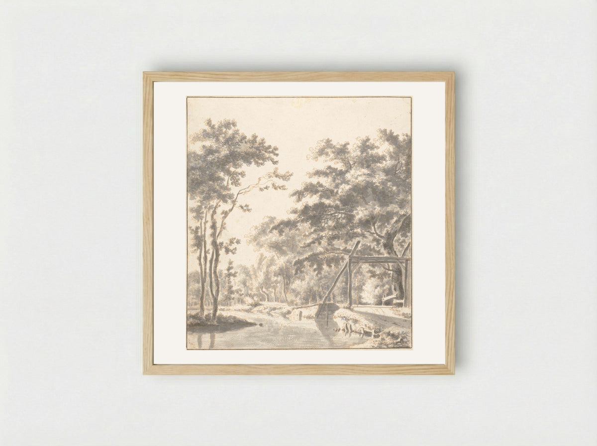 Wooded Landscape with a Drawbridge - Frederik de Moucheron - Framed Print Wood
