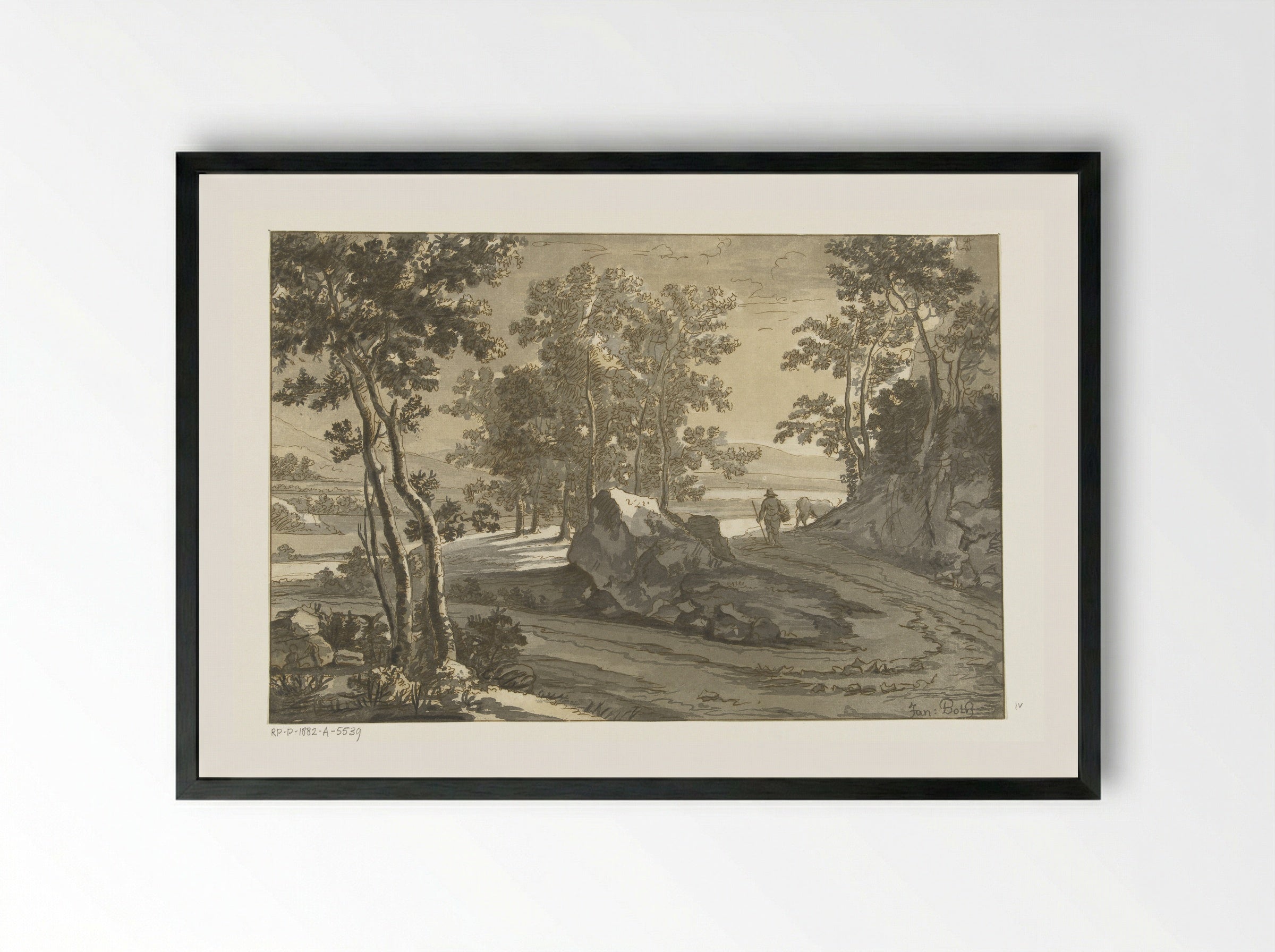 Wooded Landscape with a Drover - Jan Both - Framed Print Black