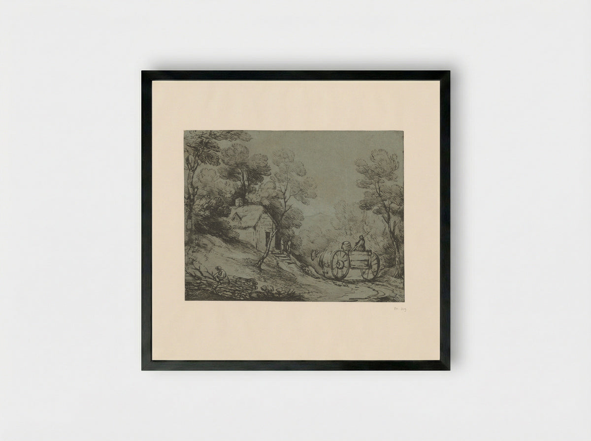 Wooded Landscape with a Horse and Cart by a Cottage - Thomas Gainsborough - Framed Print Black