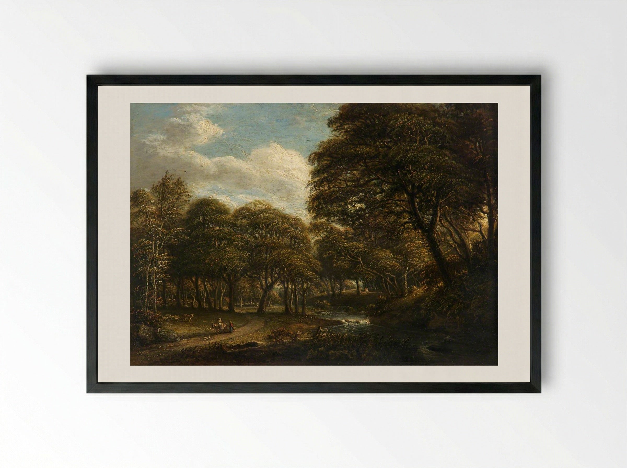 Wooded River Scene with Figures - Paul Sandby - Framed Print Black