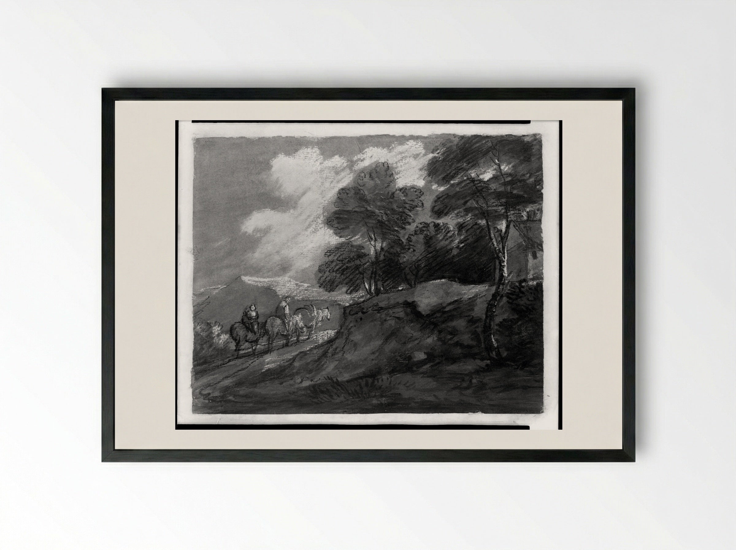 Wooded Upland Landscape with Mounted Figures and Cottage - Thomas Gainsborough - Framed Print Black