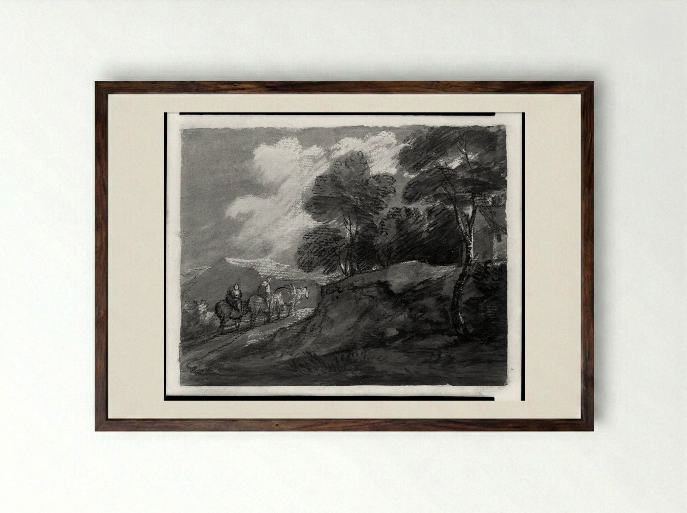 Wooded Upland Landscape with Mounted Figures and Cottage - Thomas Gainsborough - Framed Print Dark Wood