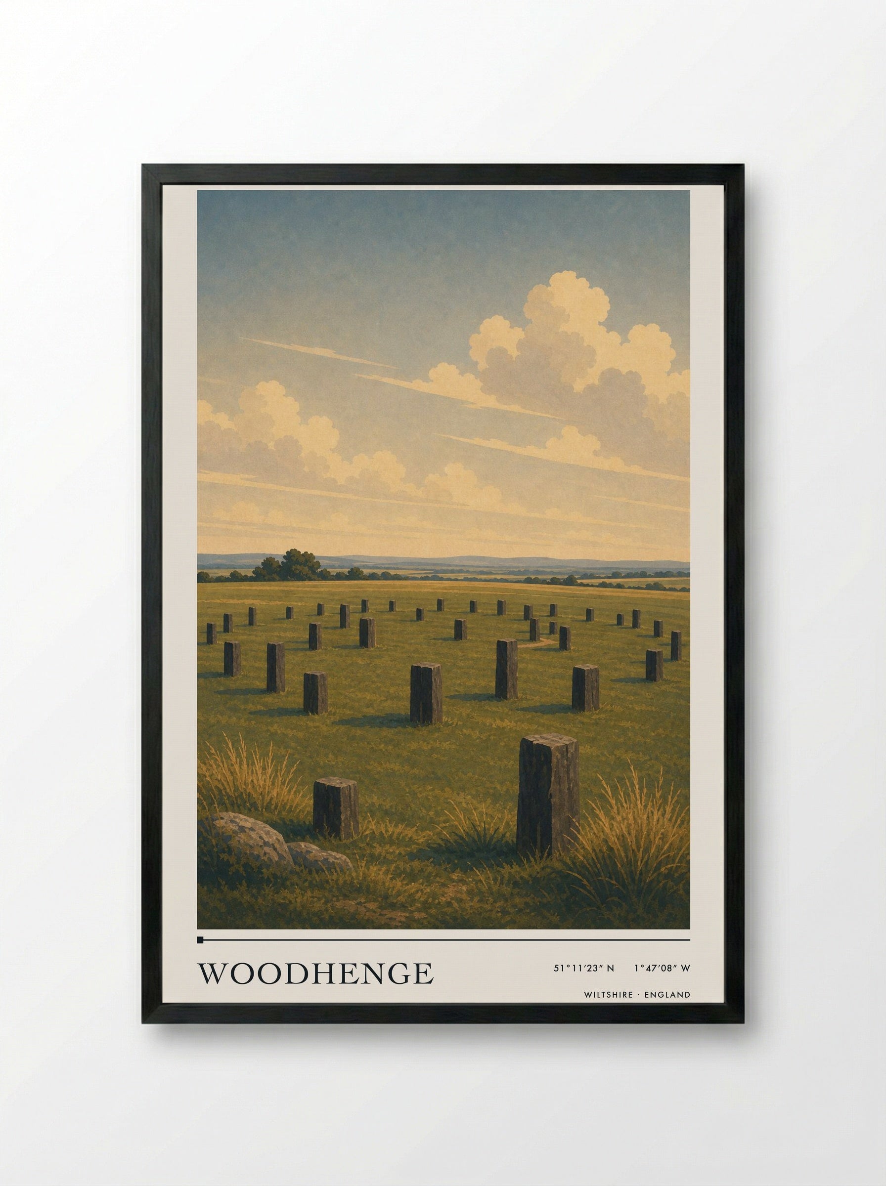Woodhenge Wiltshire England Travel Poster - Framed Print Black