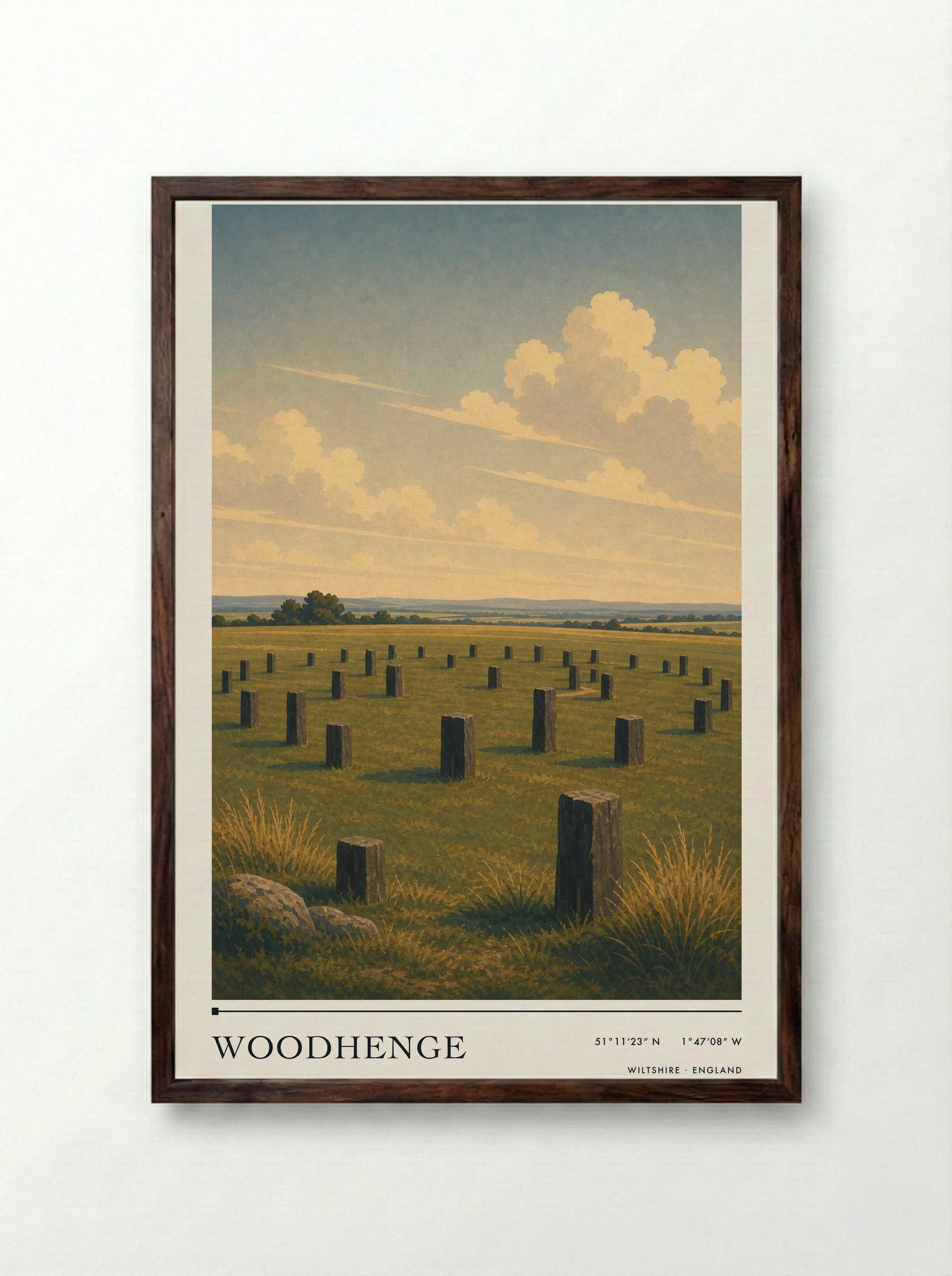 Woodhenge Wiltshire England Travel Poster - Framed Print Dark Wood