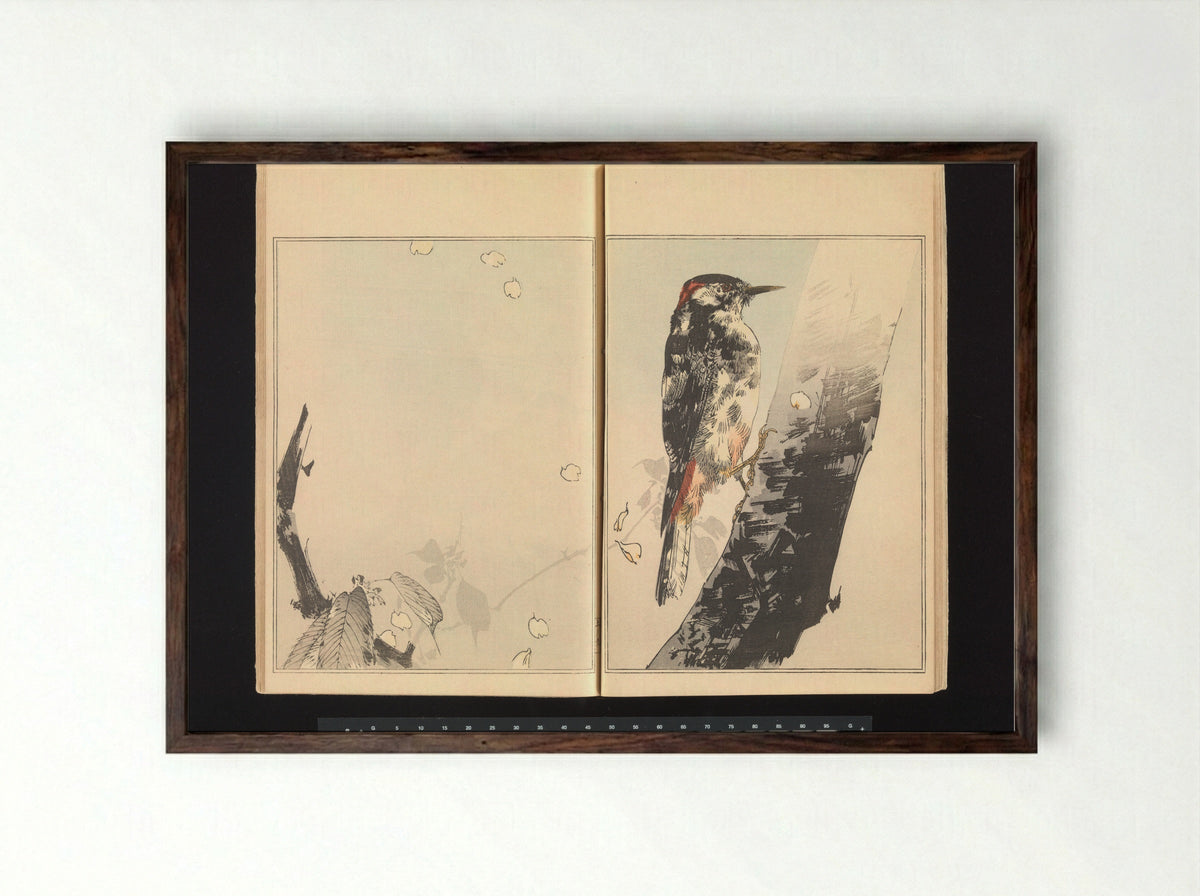 Woodpecker on Tree Trunk - Watanabe Seitei - Framed Print Dark Wood