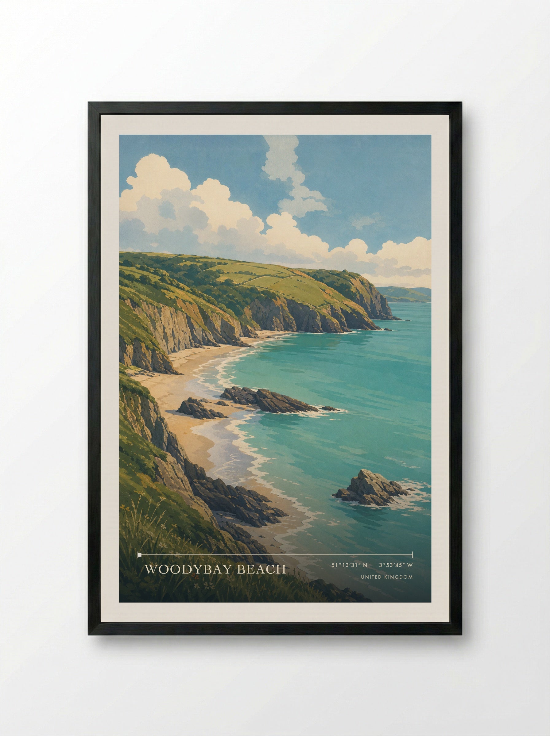 Woodybay Beach United Kingdom Travel Poster - Framed Print Black