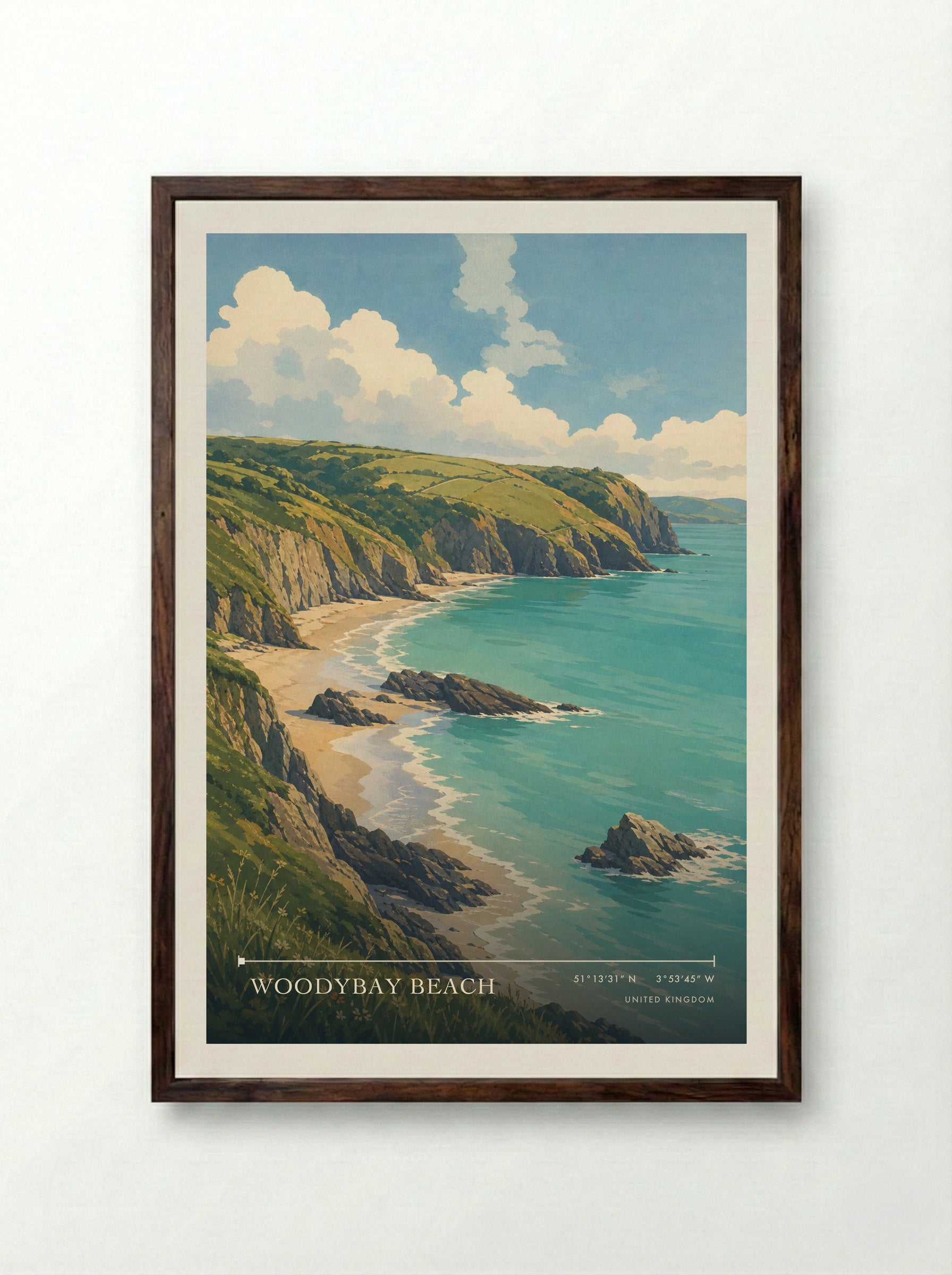 Woodybay Beach United Kingdom Travel Poster - Framed Print Dark Wood