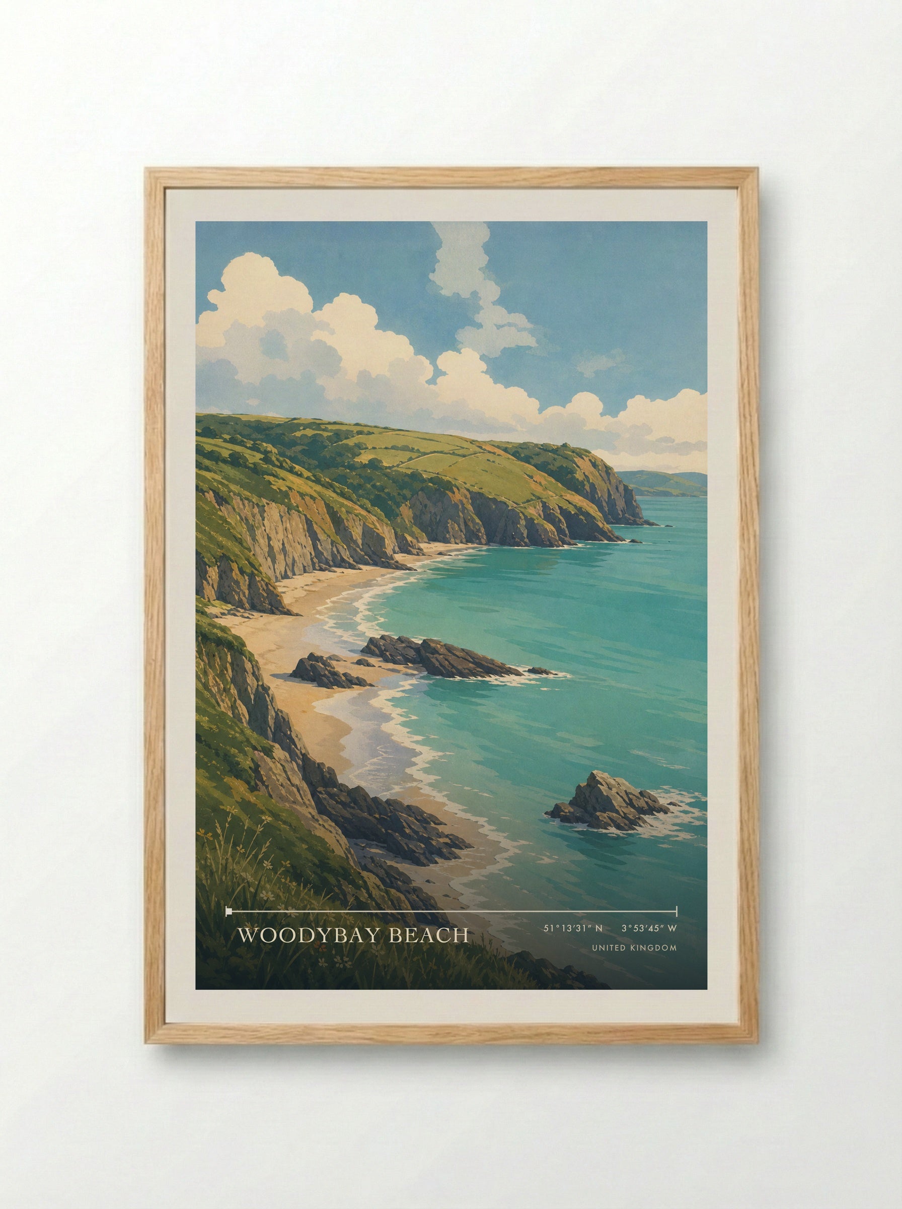 Woodybay Beach United Kingdom Travel Poster - Framed Print Wood